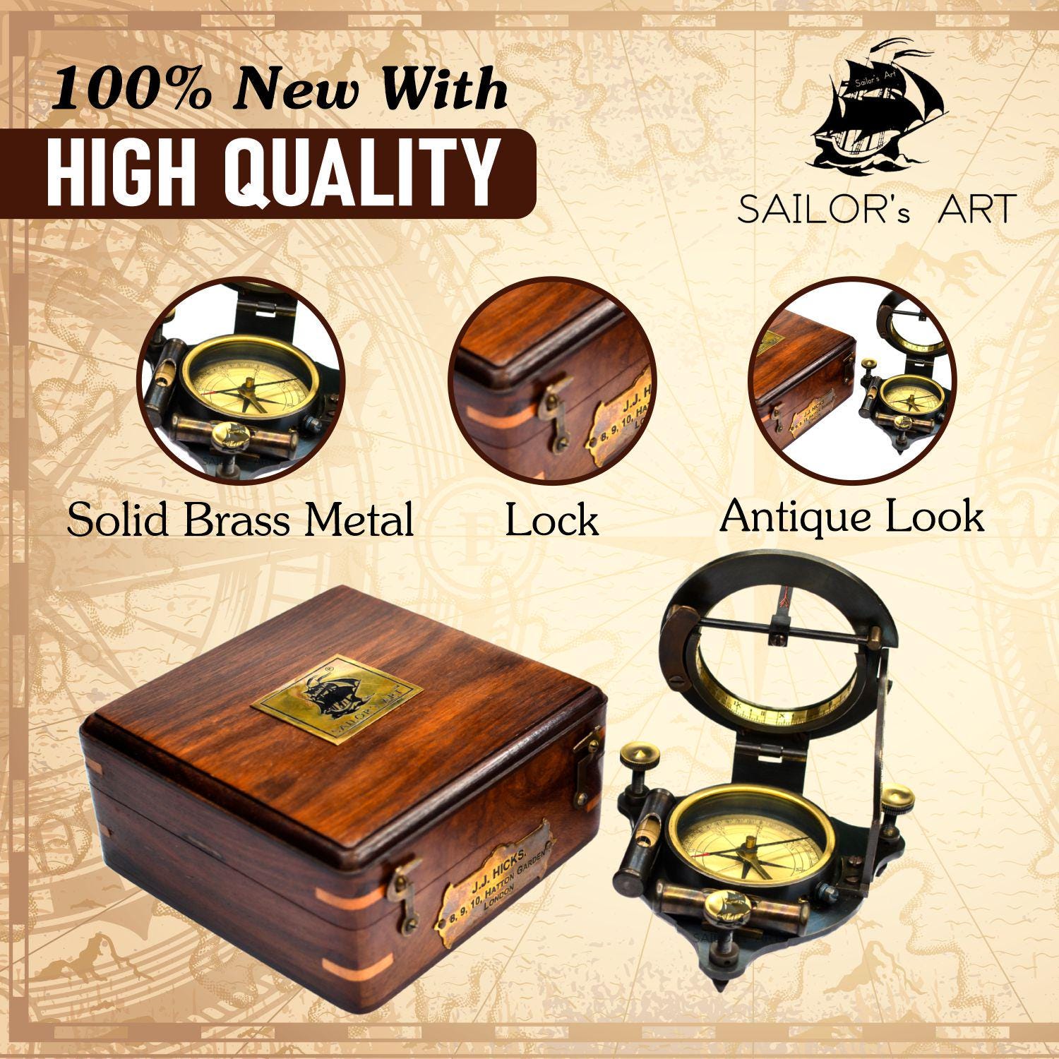 Antique Brass Sundial Compass with Velvet-Lined Wooden Presentation Box view 5