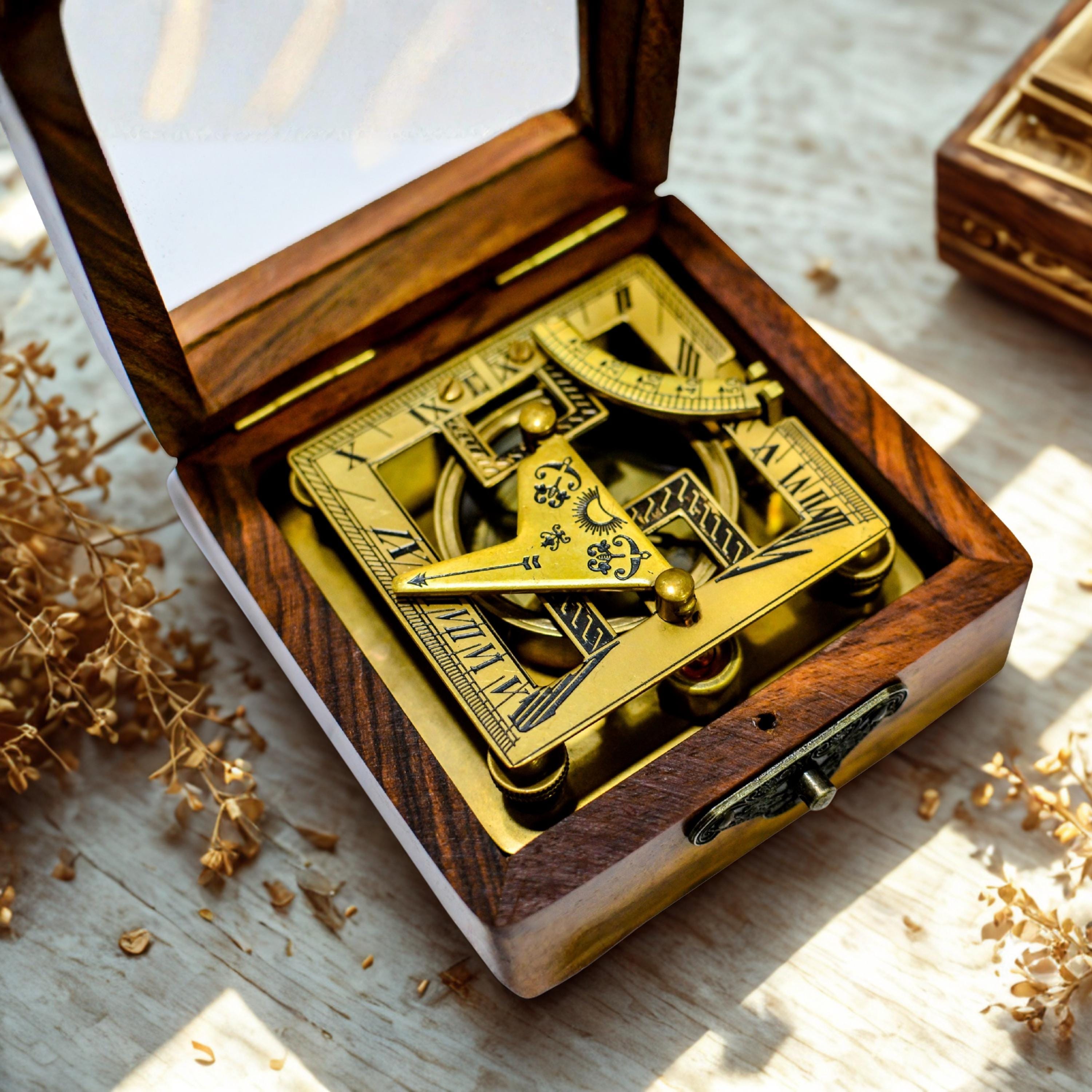 Antique Brass Sundial Compass with Glass-Topped Wooden Presentation Box view 2