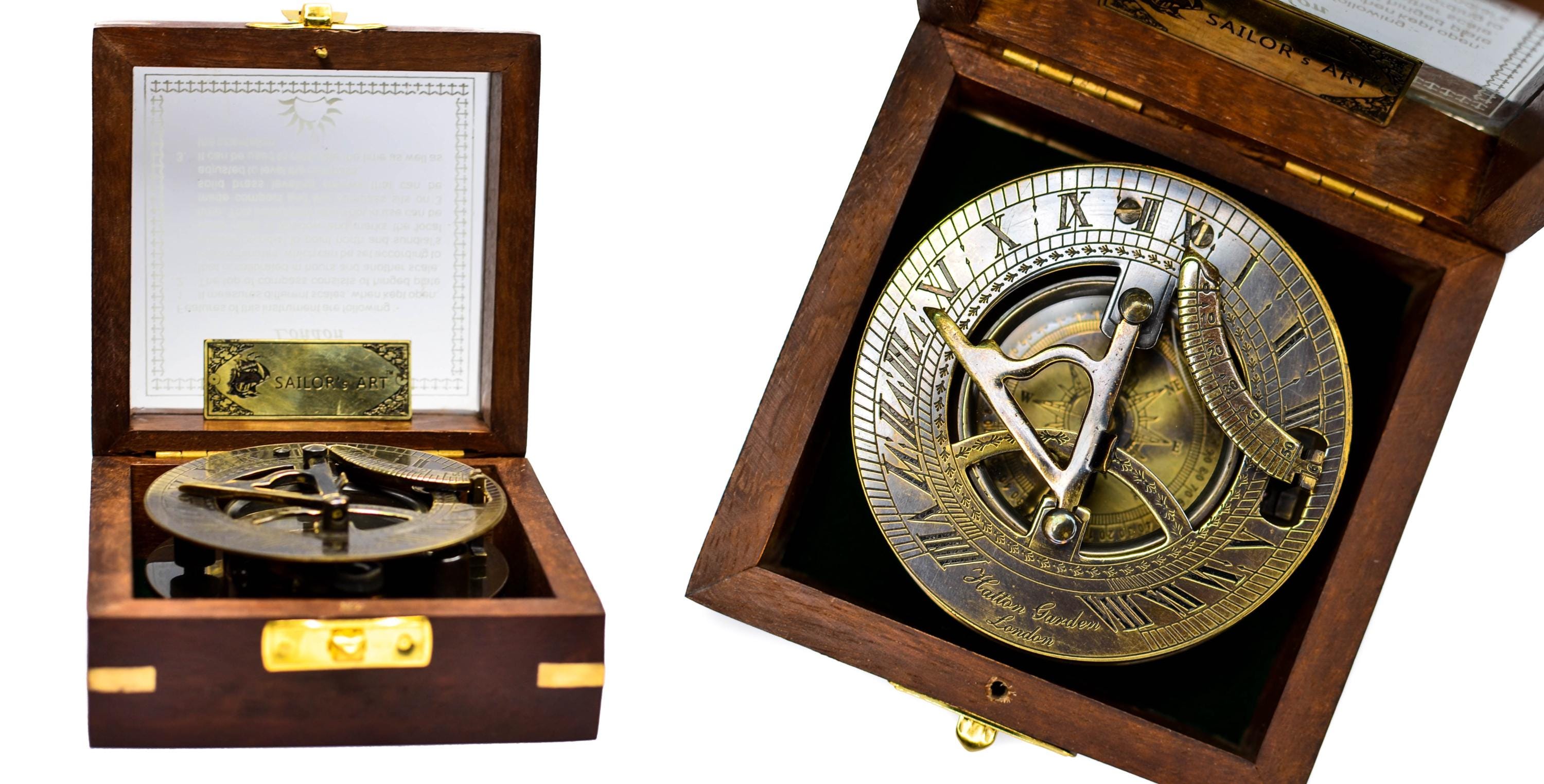 Black Antique Brass Sundial Compass with Glass-Topped Wooden Presentation Box view 4