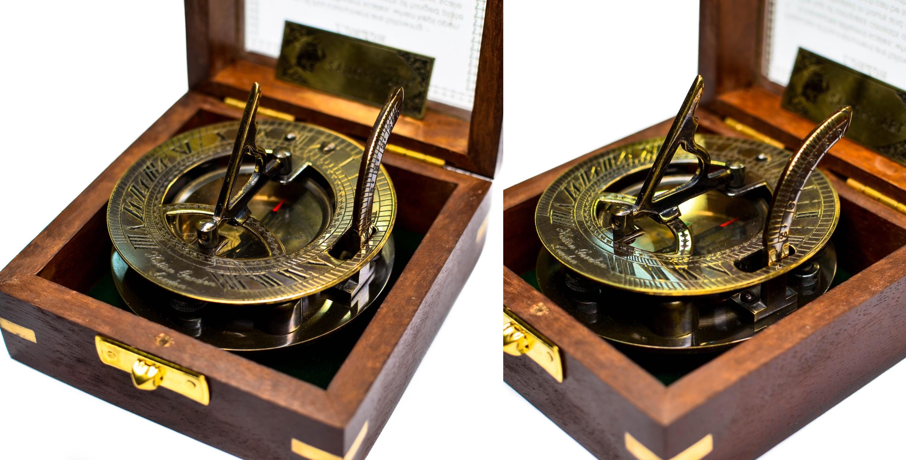 Black Antique Brass Sundial Compass with Glass-Topped Wooden Presentation Box view 5