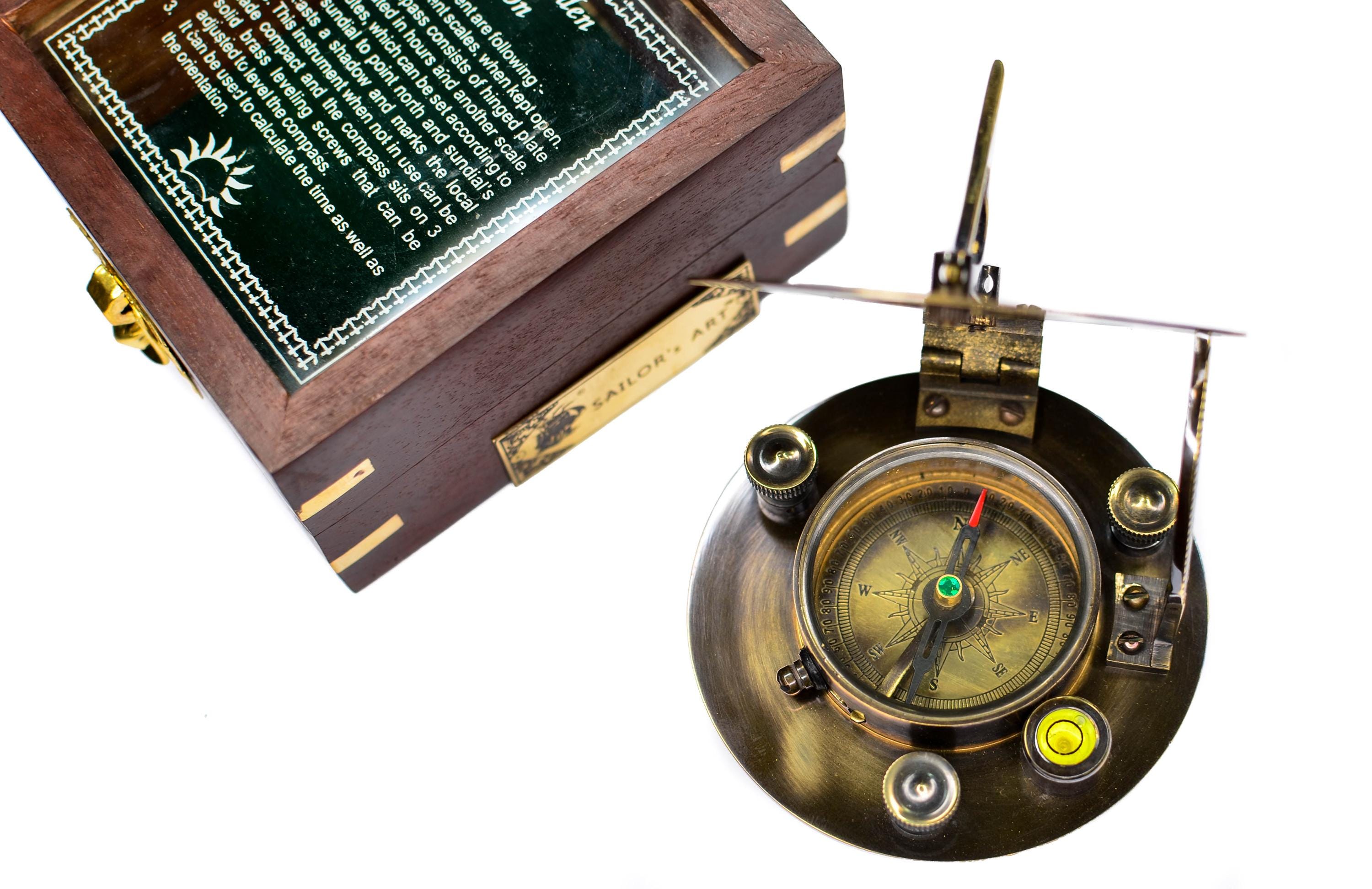 Black Antique Brass Sundial Compass with Glass-Topped Wooden Presentation Box view 6
