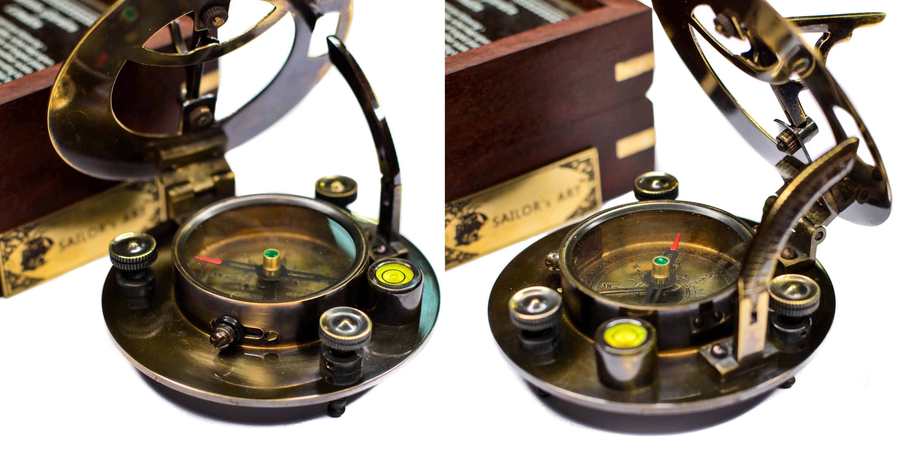 Black Antique Brass Sundial Compass with Glass-Topped Wooden Presentation Box view 7