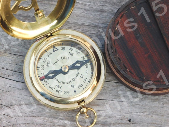 Antique Brass Sundial Compass with Leather Case view 3
