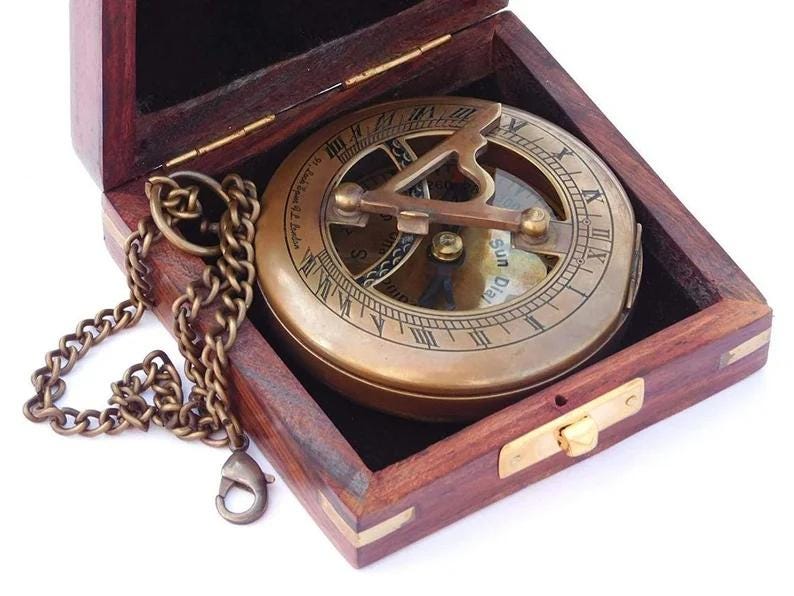 Antique Brass Sundial Compass with Wooden Box view 2
