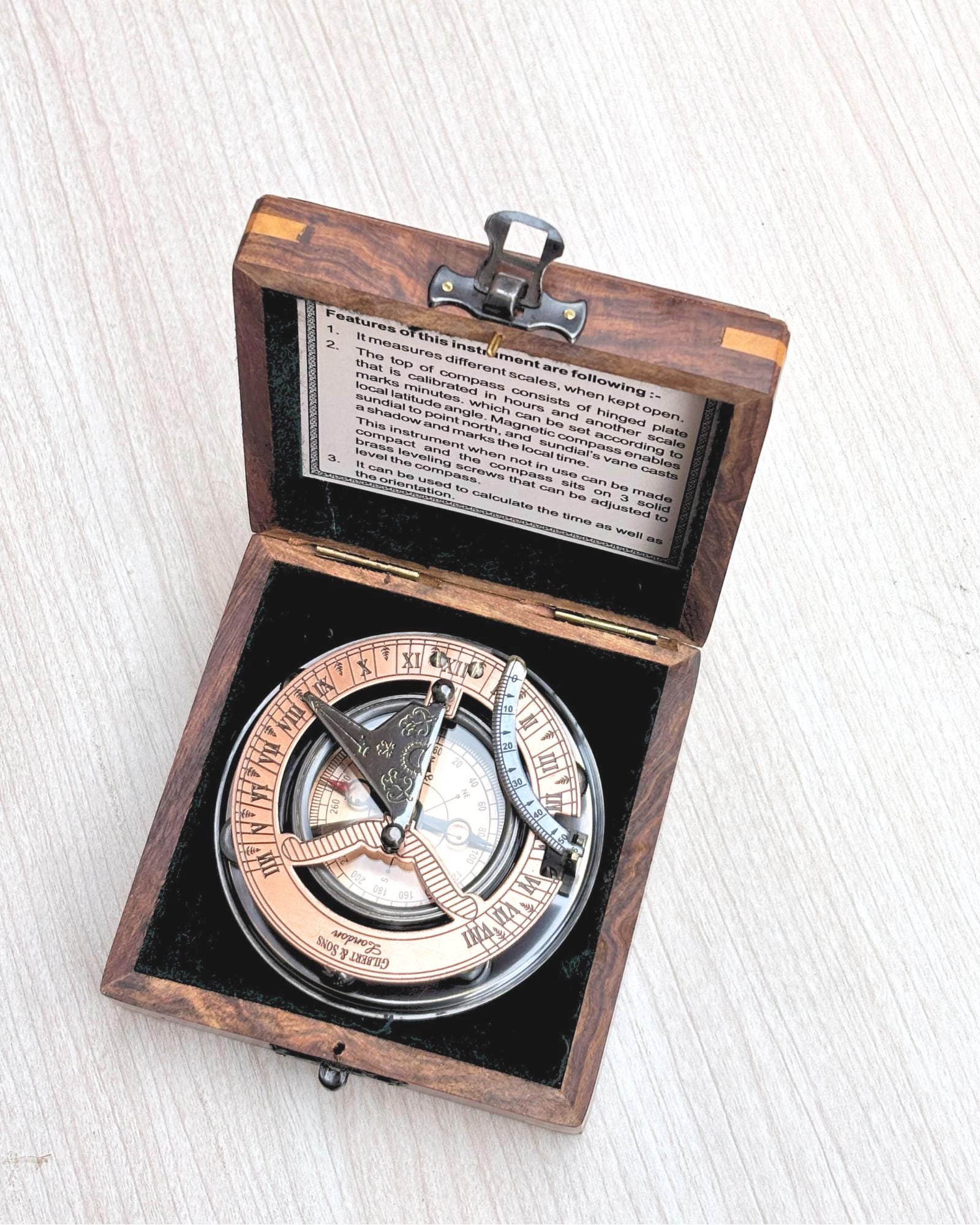 Antique Brass Sundial Compass with Fitted Wooden Presentation Box view 8