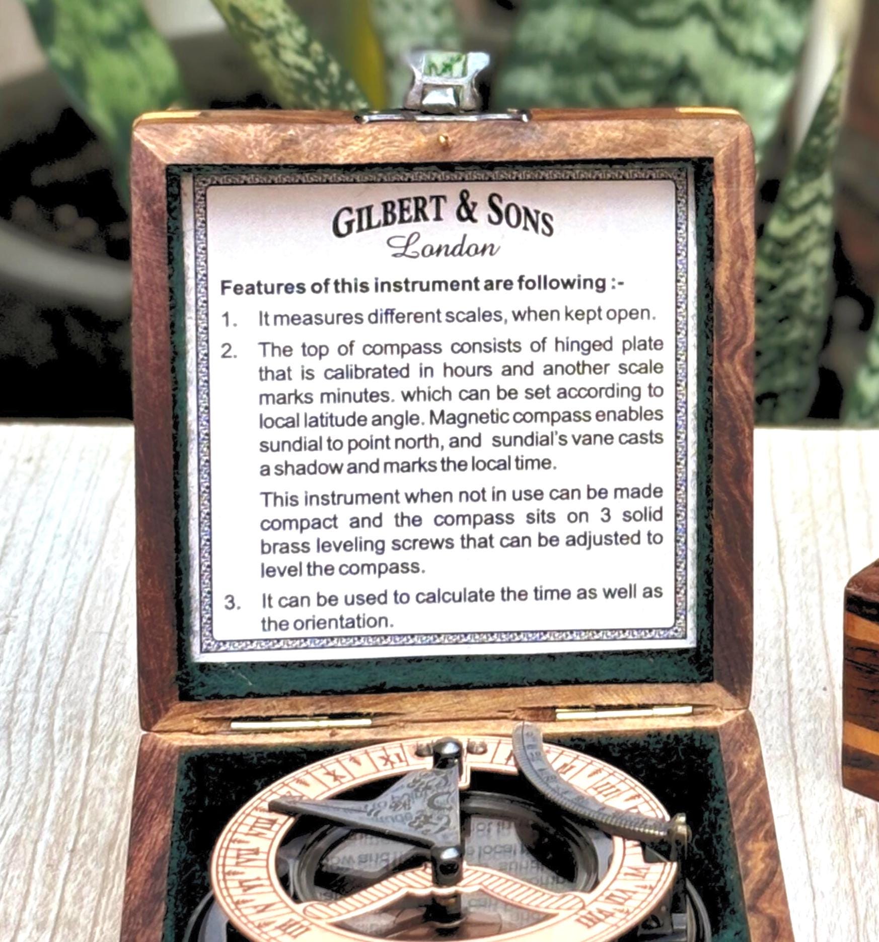 Antique Brass Sundial Compass with Fitted Wooden Presentation Box view 16