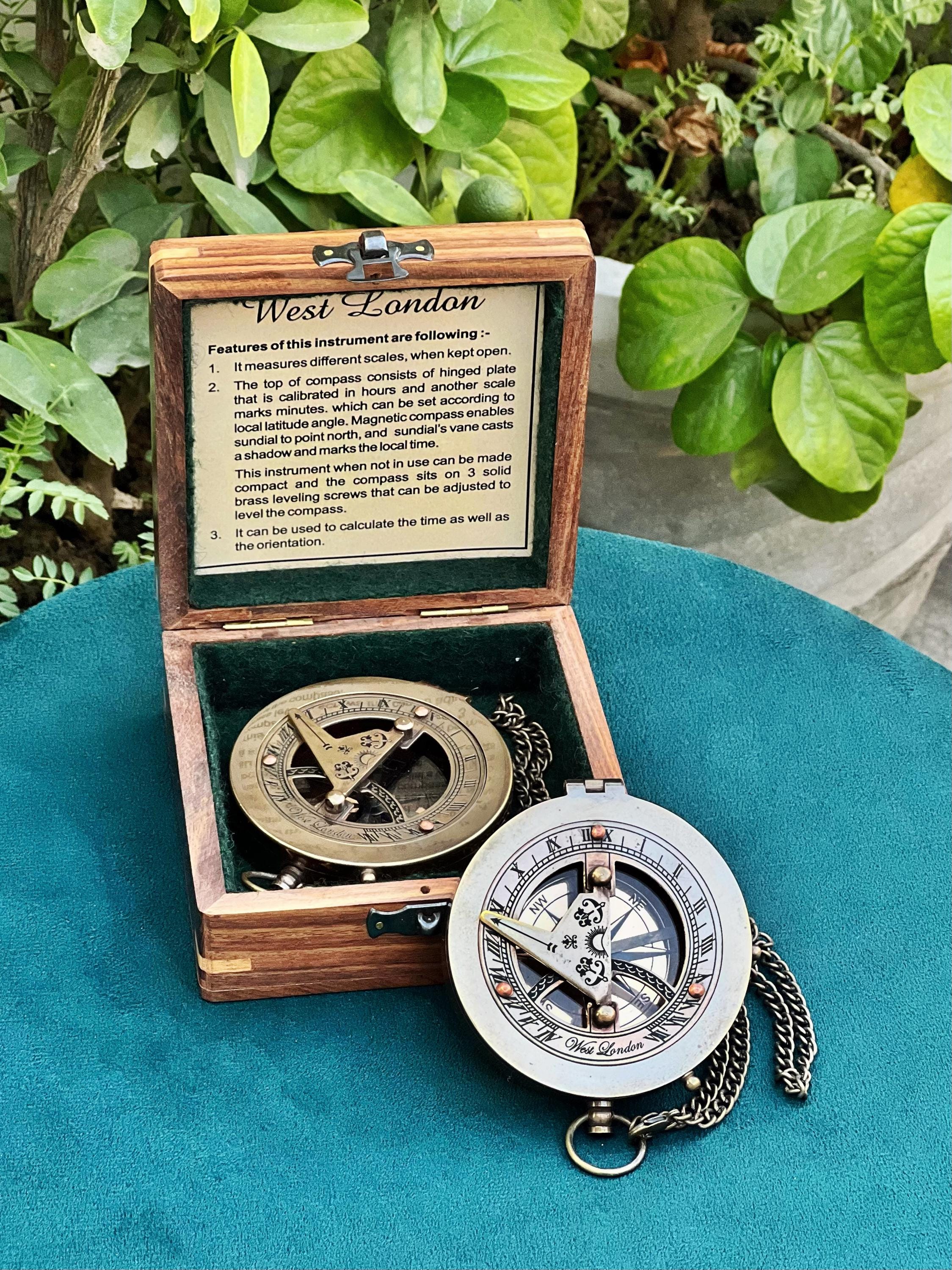 Antique Brass Sundial Compass with Fitted Wooden Presentation Box view 11