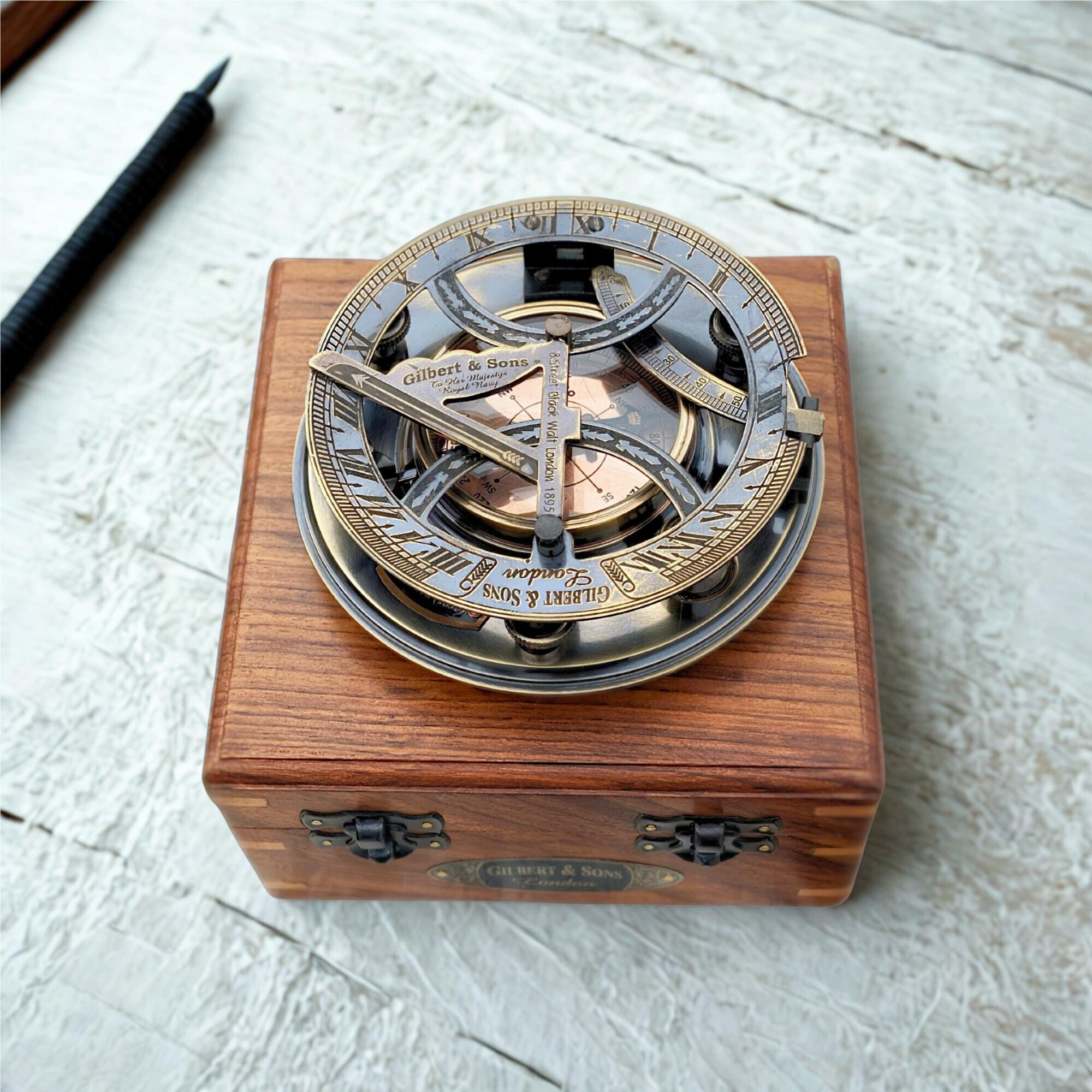 Black Antique Brass Sundial Compass with Rosewood Presentation Box view 2