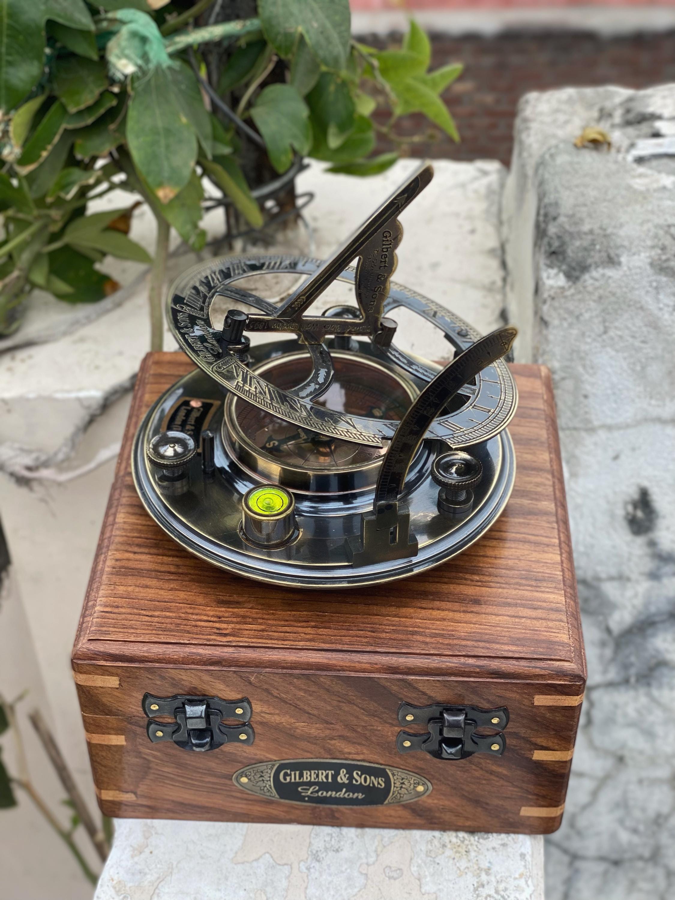 Black Antique Brass Sundial Compass with Rosewood Presentation Box view 8