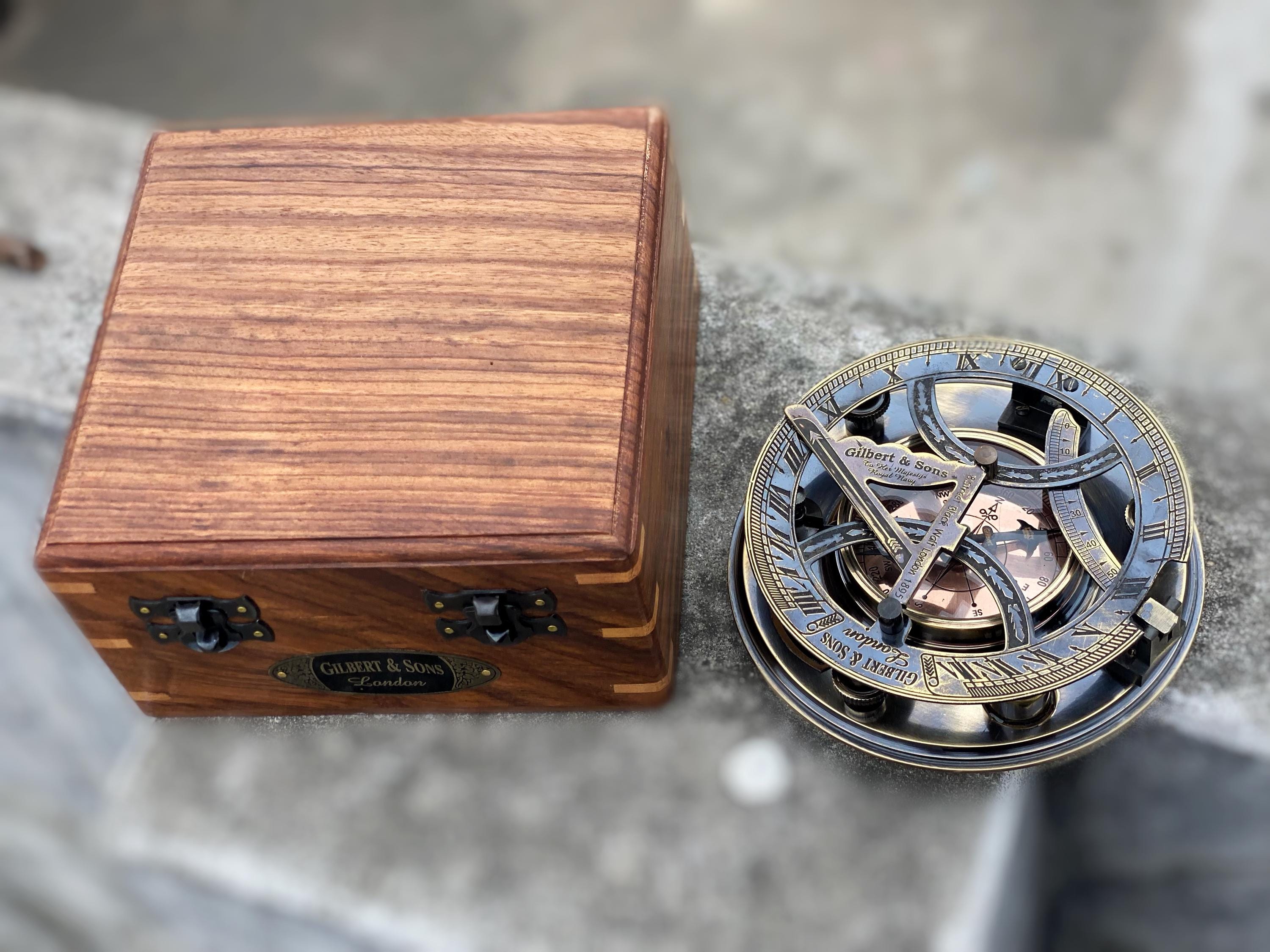 Black Antique Brass Sundial Compass with Rosewood Presentation Box view 11