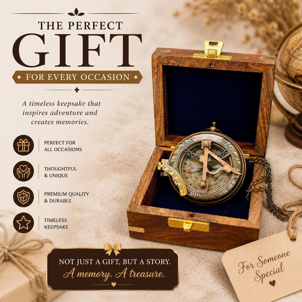 Antique Brass Sundial Compass with Fitted Wooden Presentation Box view 2