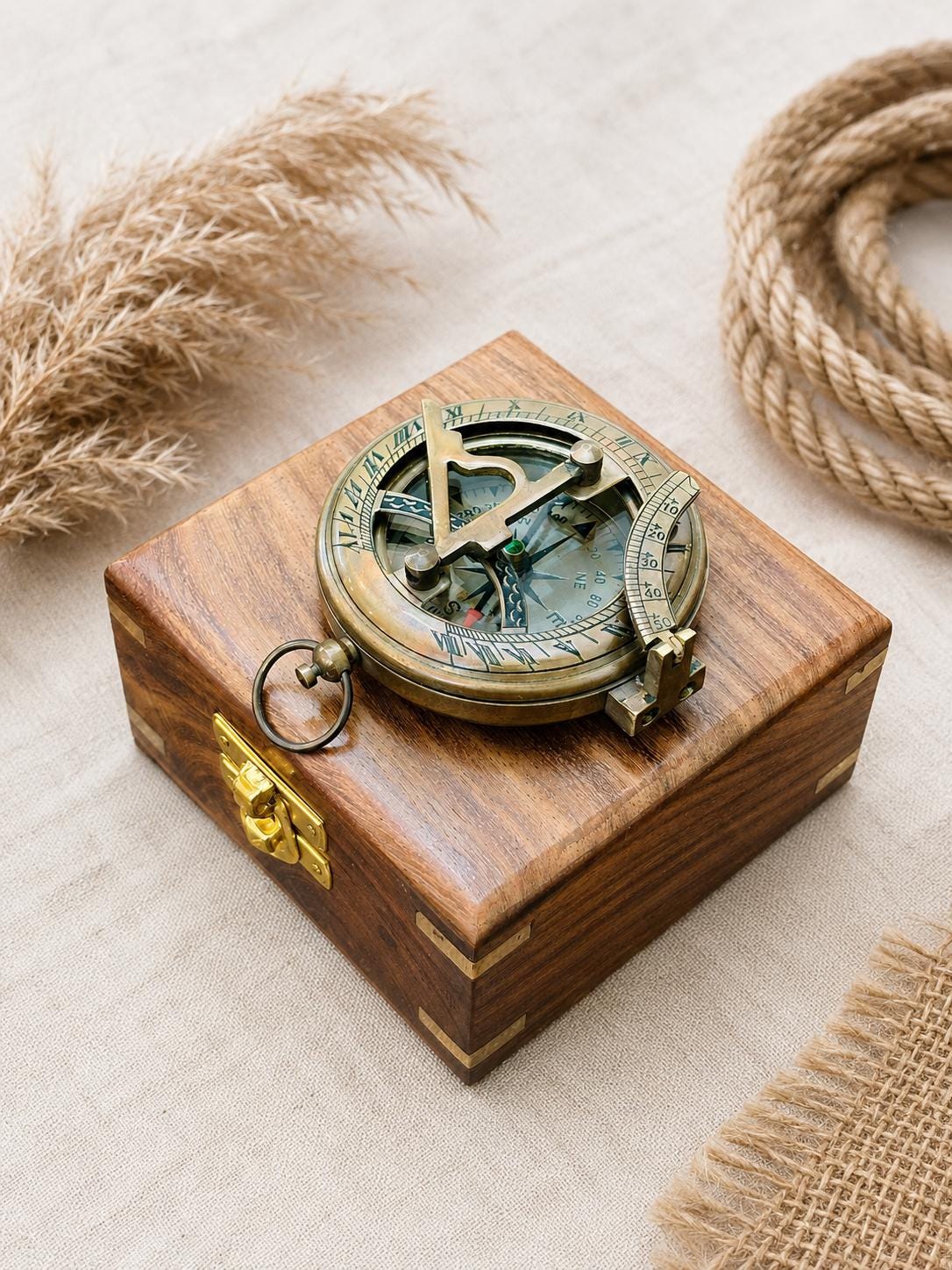 Antique Brass Sundial Compass with Fitted Wooden Presentation Box view 9