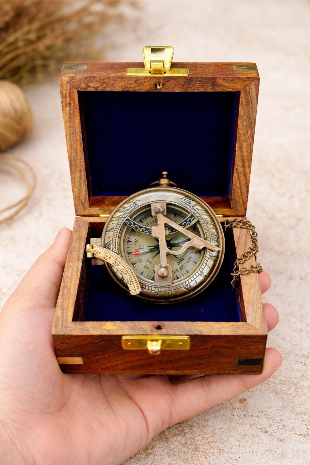 Antique Brass Sundial Compass with Fitted Wooden Presentation Box view 11