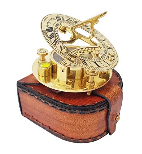 Antique Brass Sundial Compass with Leather Case view 2