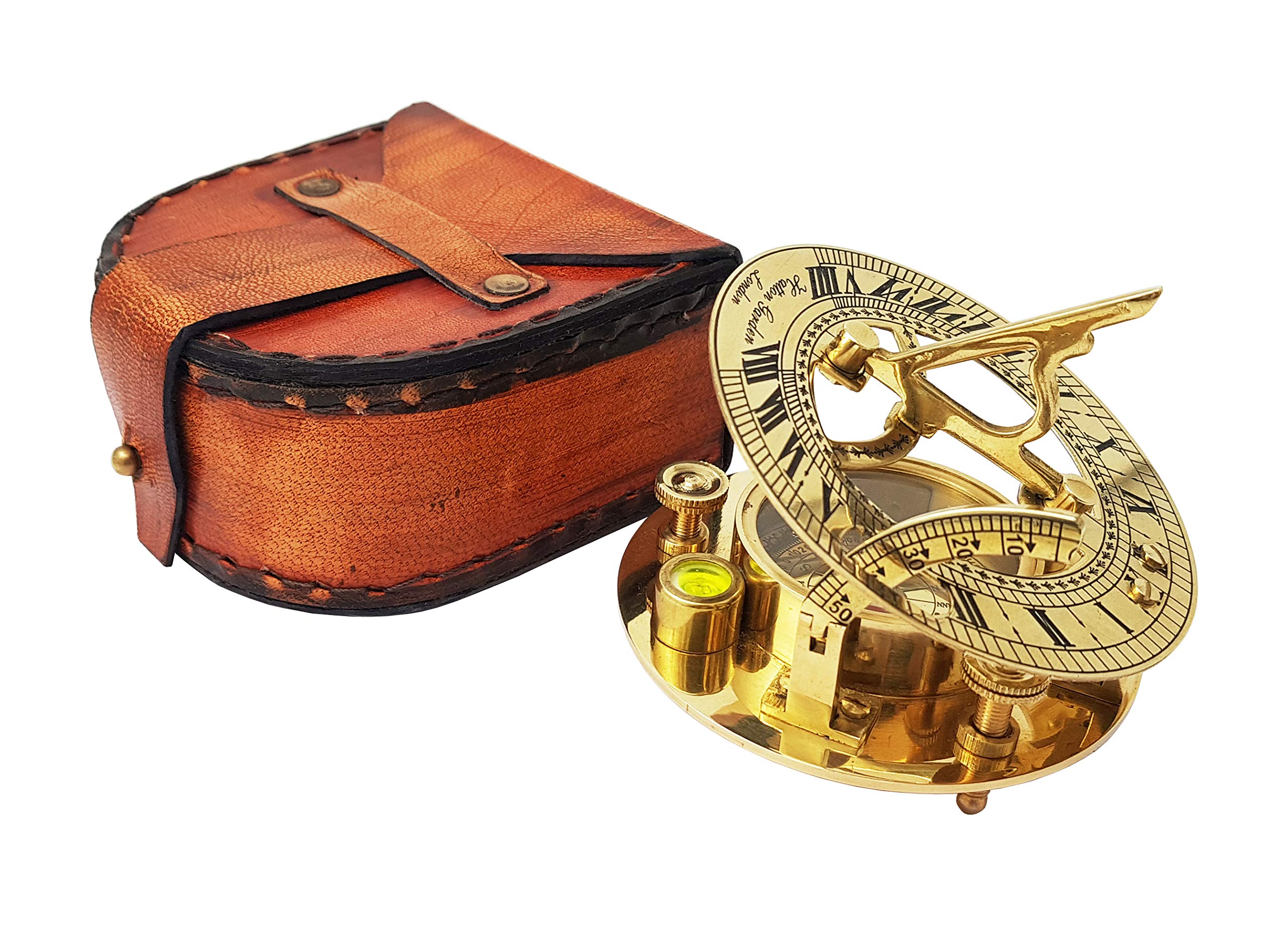 Antique Brass Sundial Compass with Leather Case view 3