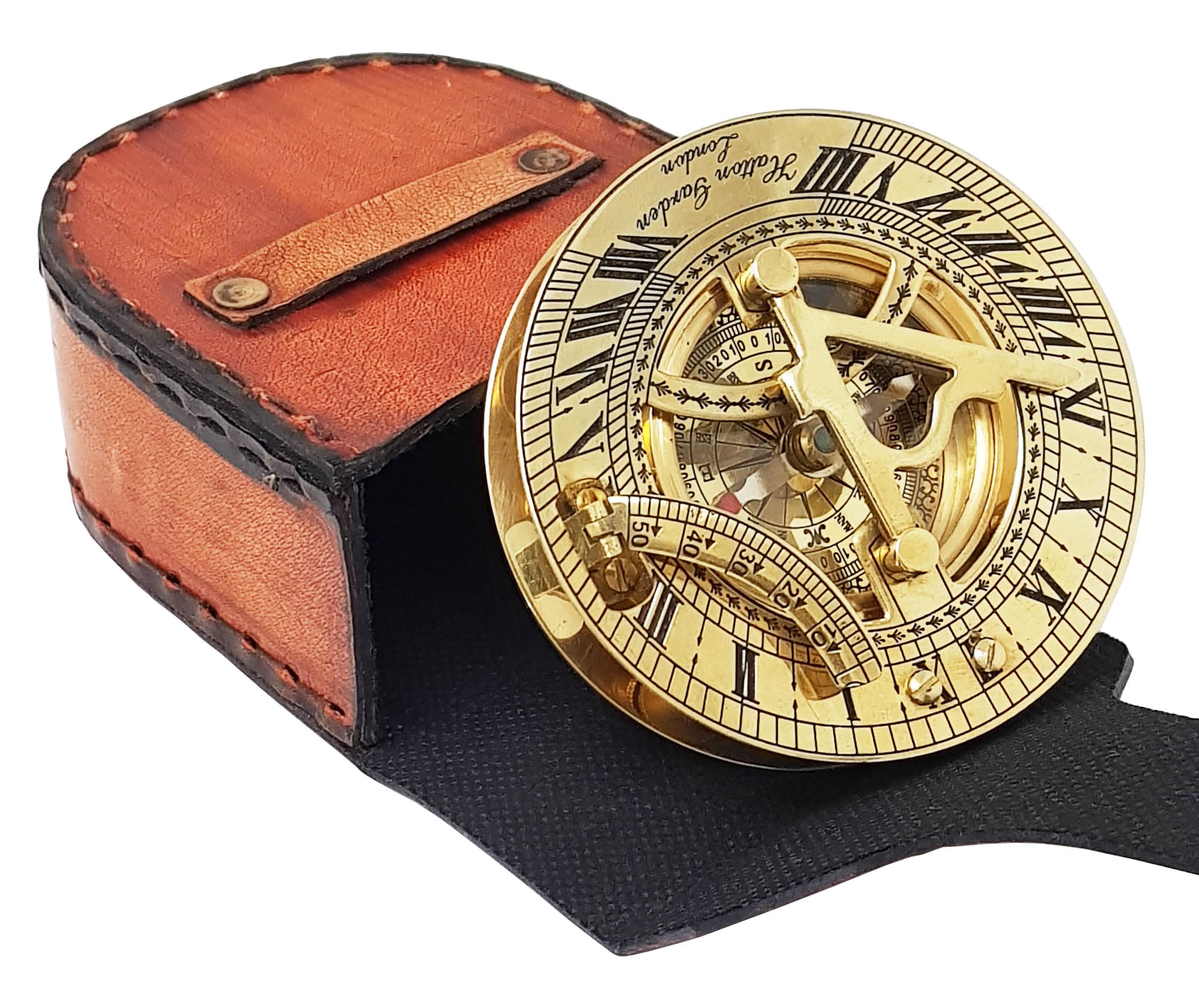 Antique Brass Sundial Compass with Leather Case view 10
