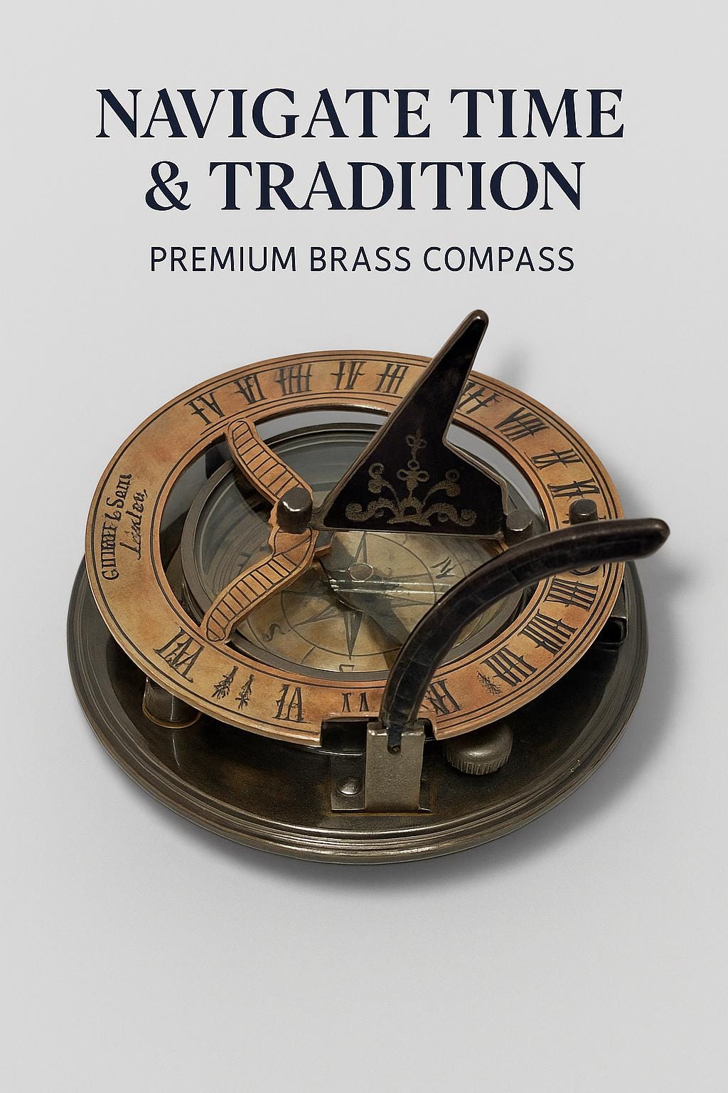 Black Antique Brass Sundial Compass with Leather Presentation Box view 3