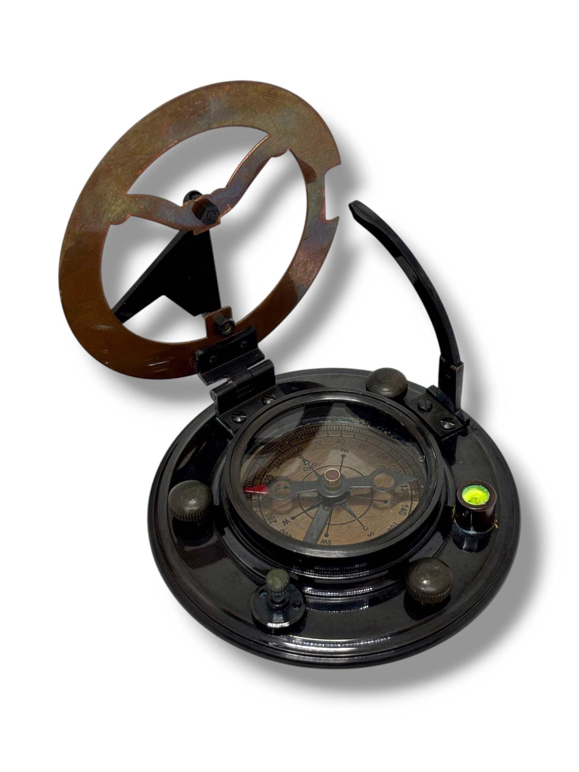 Black Antique Brass Sundial Compass with Leather Presentation Box view 7