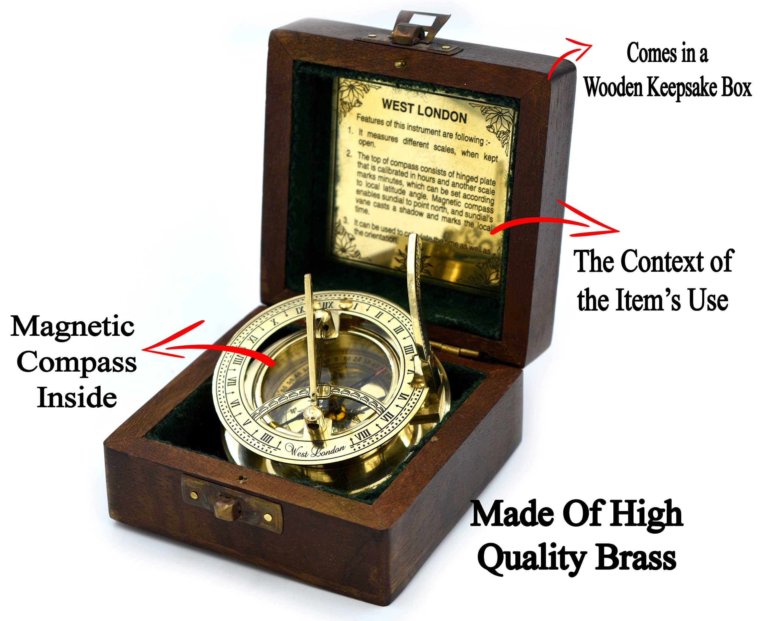 Antique Brass Sundial Compass with Wooden Box view 4