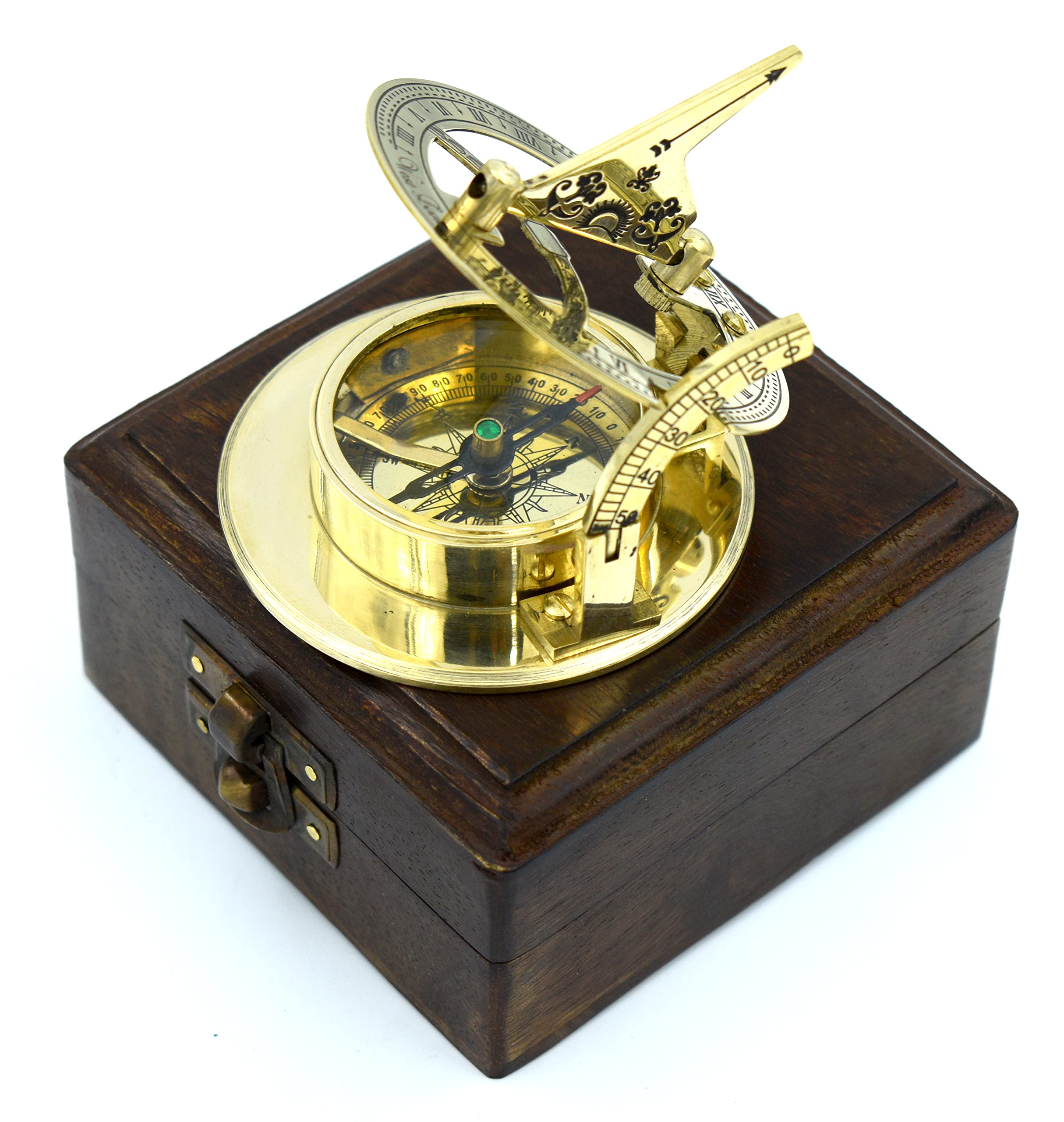 Antique Brass Sundial Compass with Wooden Box view 7