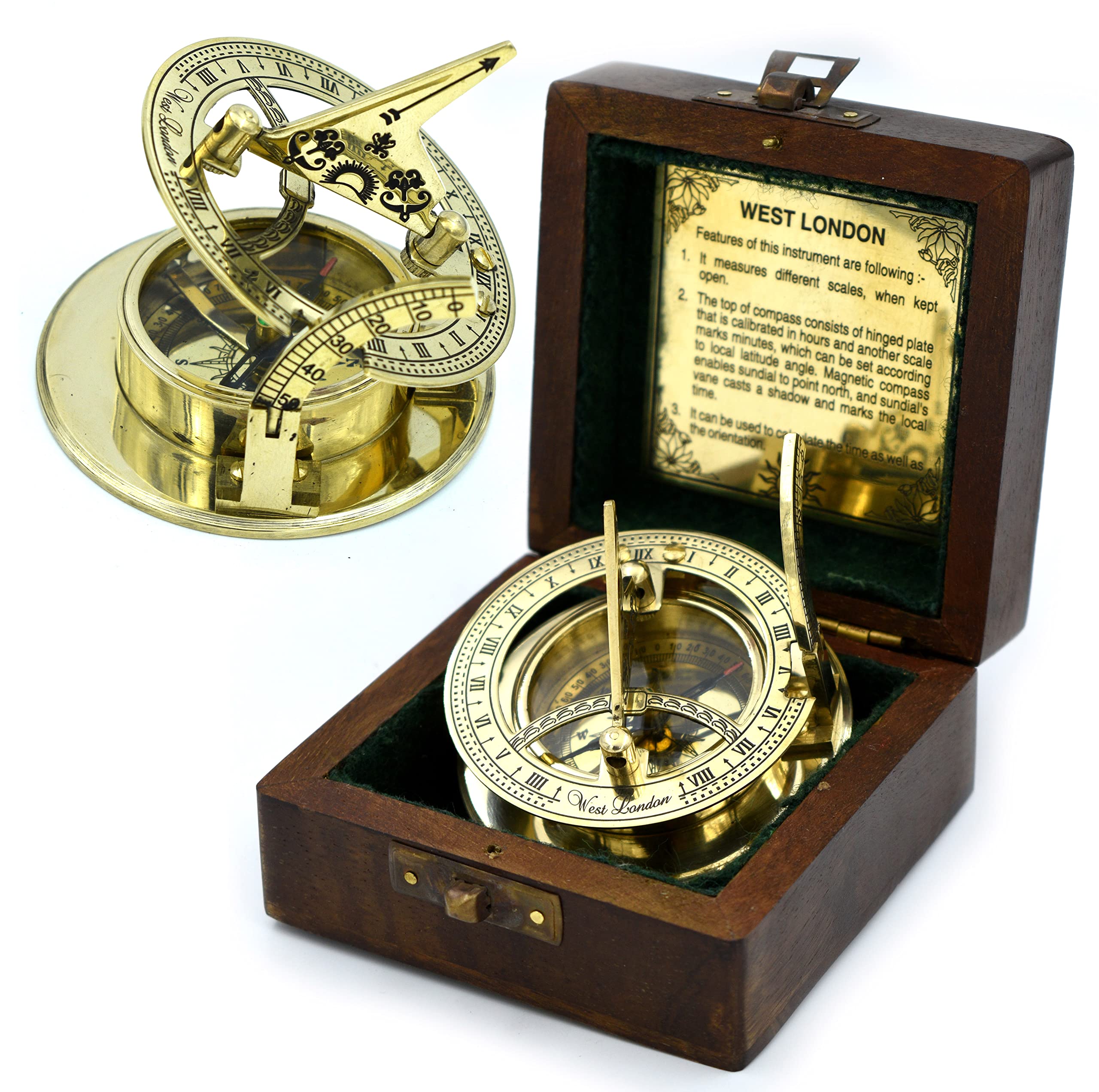 Antique Brass Sundial Compass with Wooden Box view 13