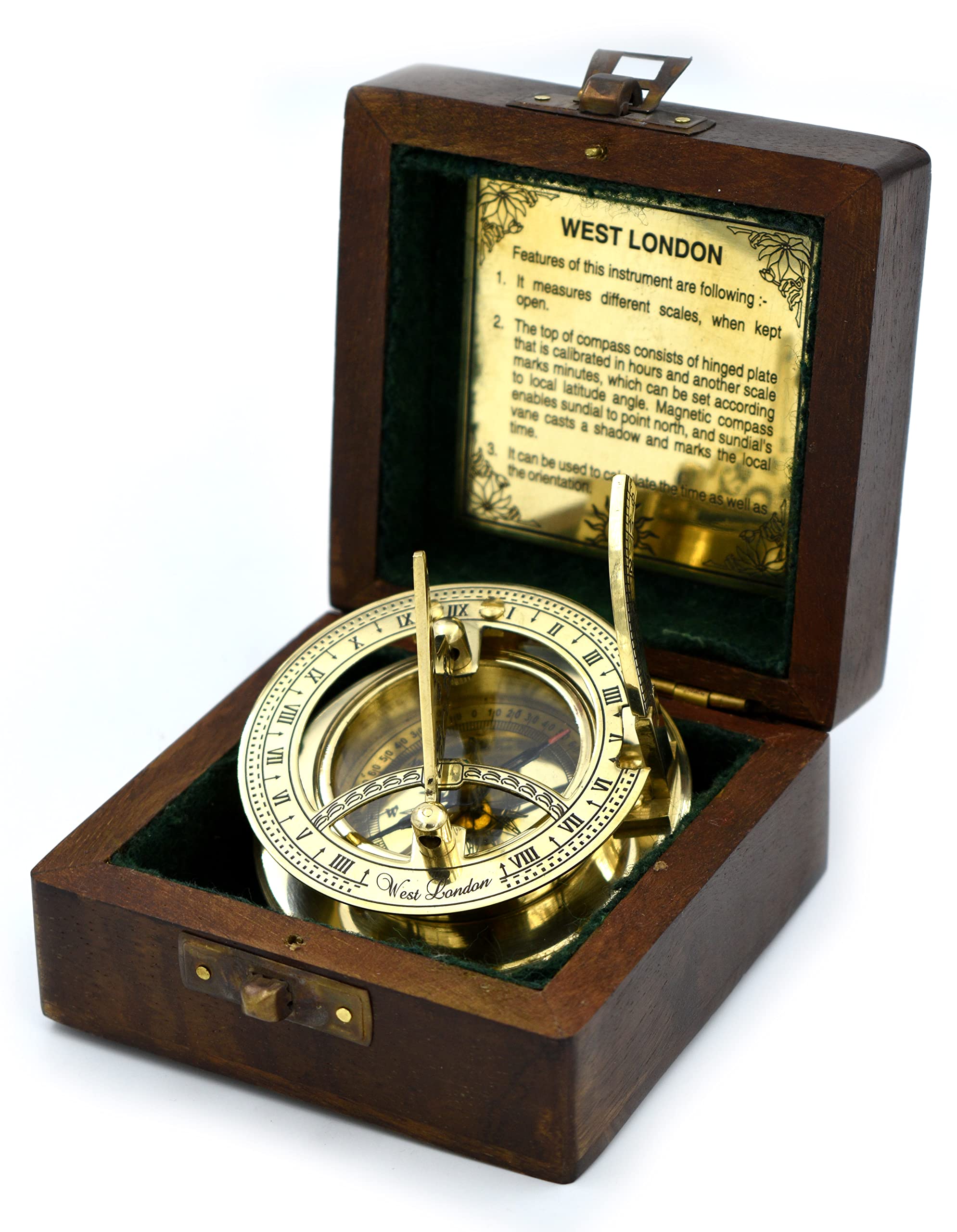 Antique Brass Sundial Compass with Wooden Box view 17