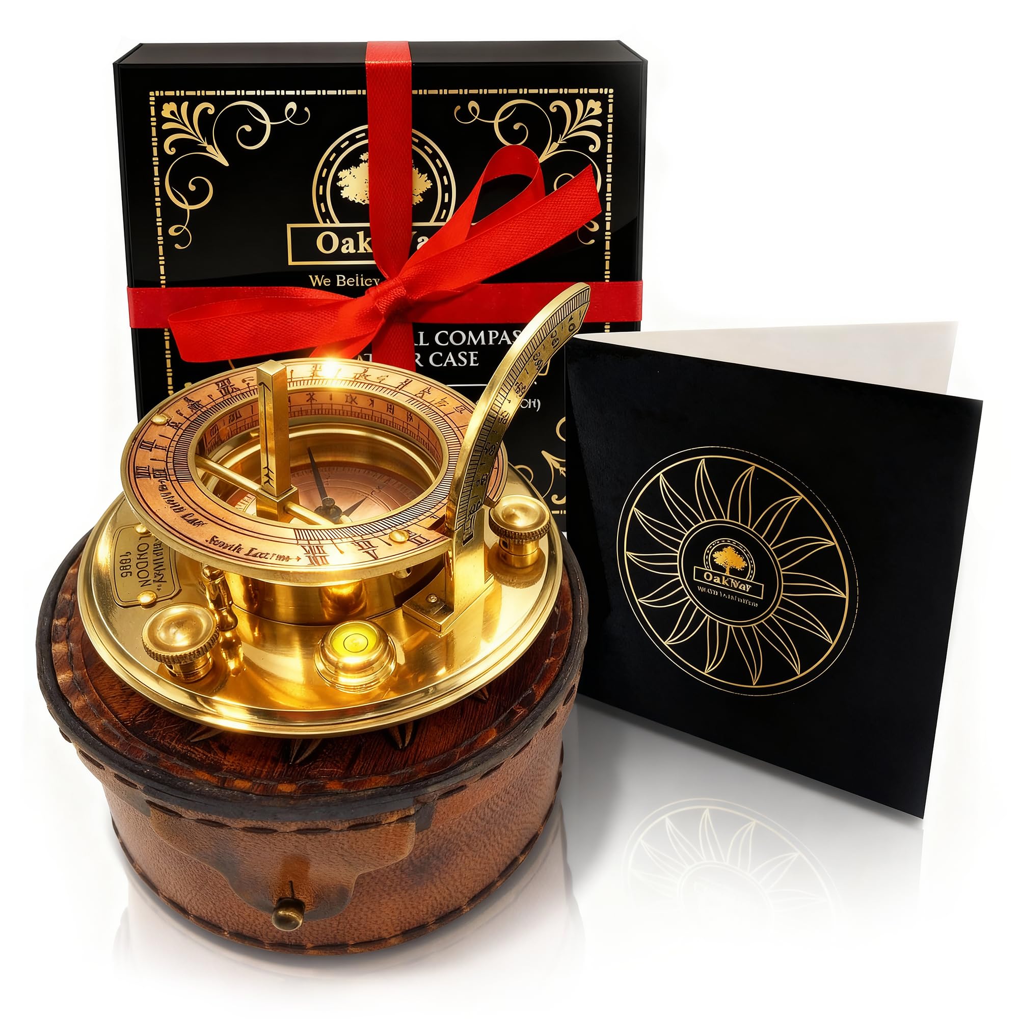 Polished Brass Sundial Compass with Red Leather Round Case view 9