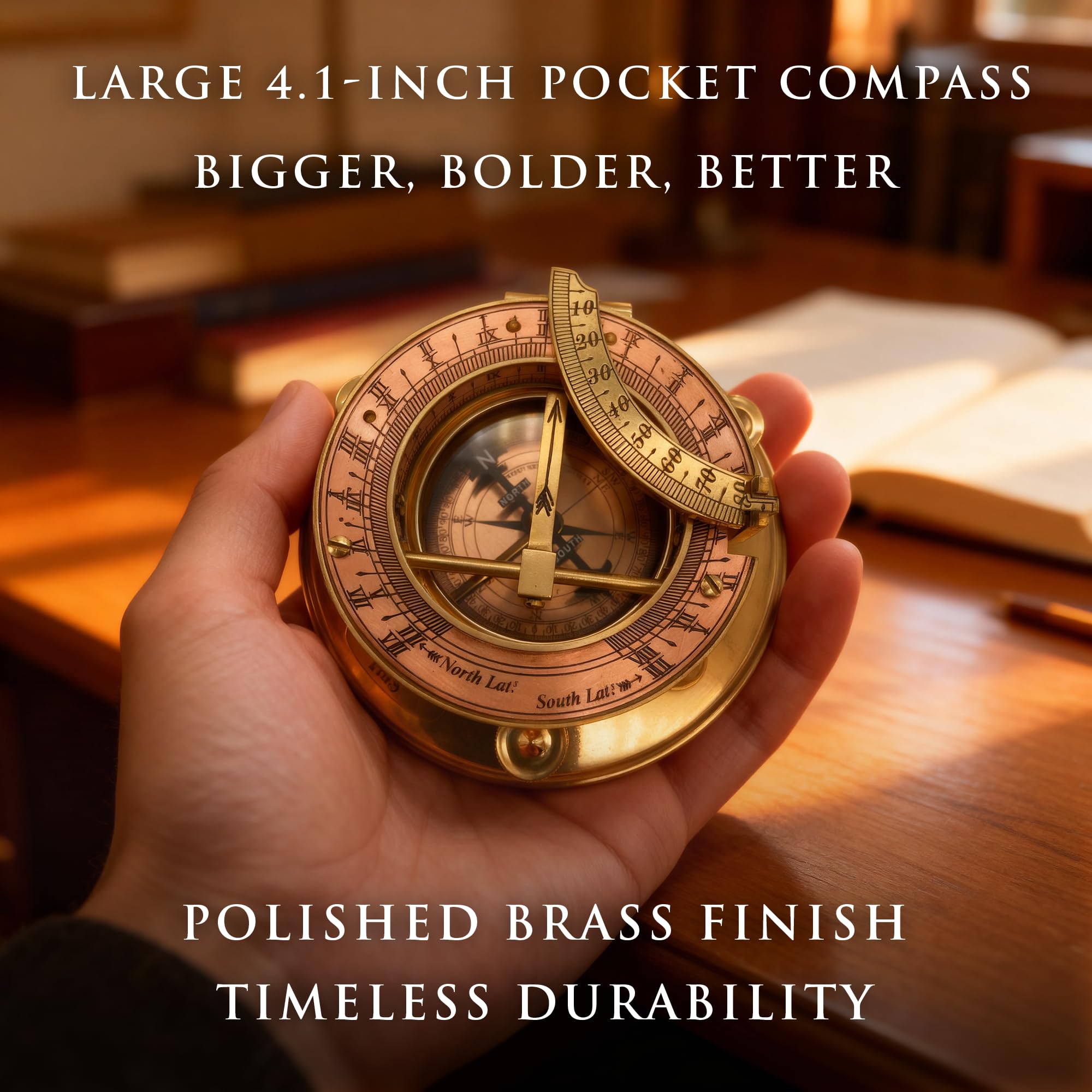 Polished Brass Sundial Compass with Red Leather Round Case view 13