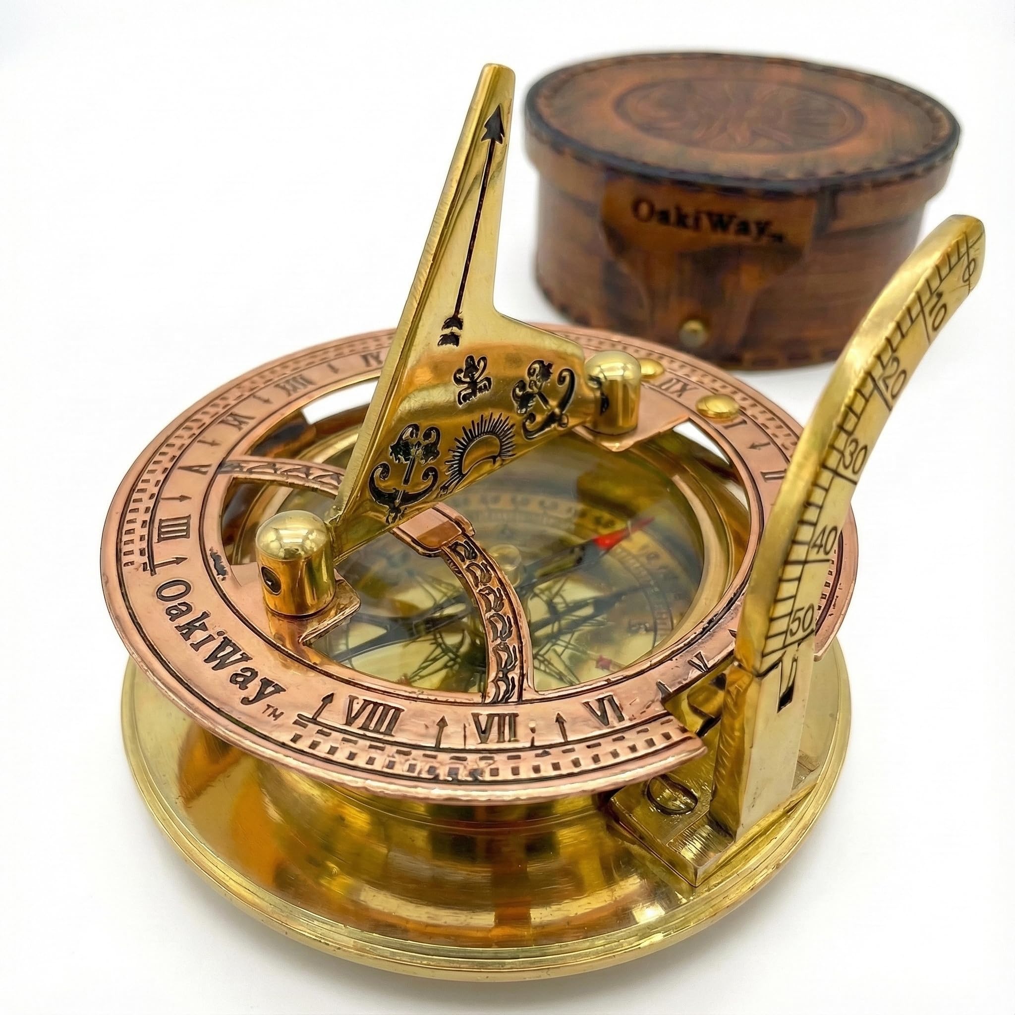 Polished Brass Sundial Compass with Red Leather Round Case view 20