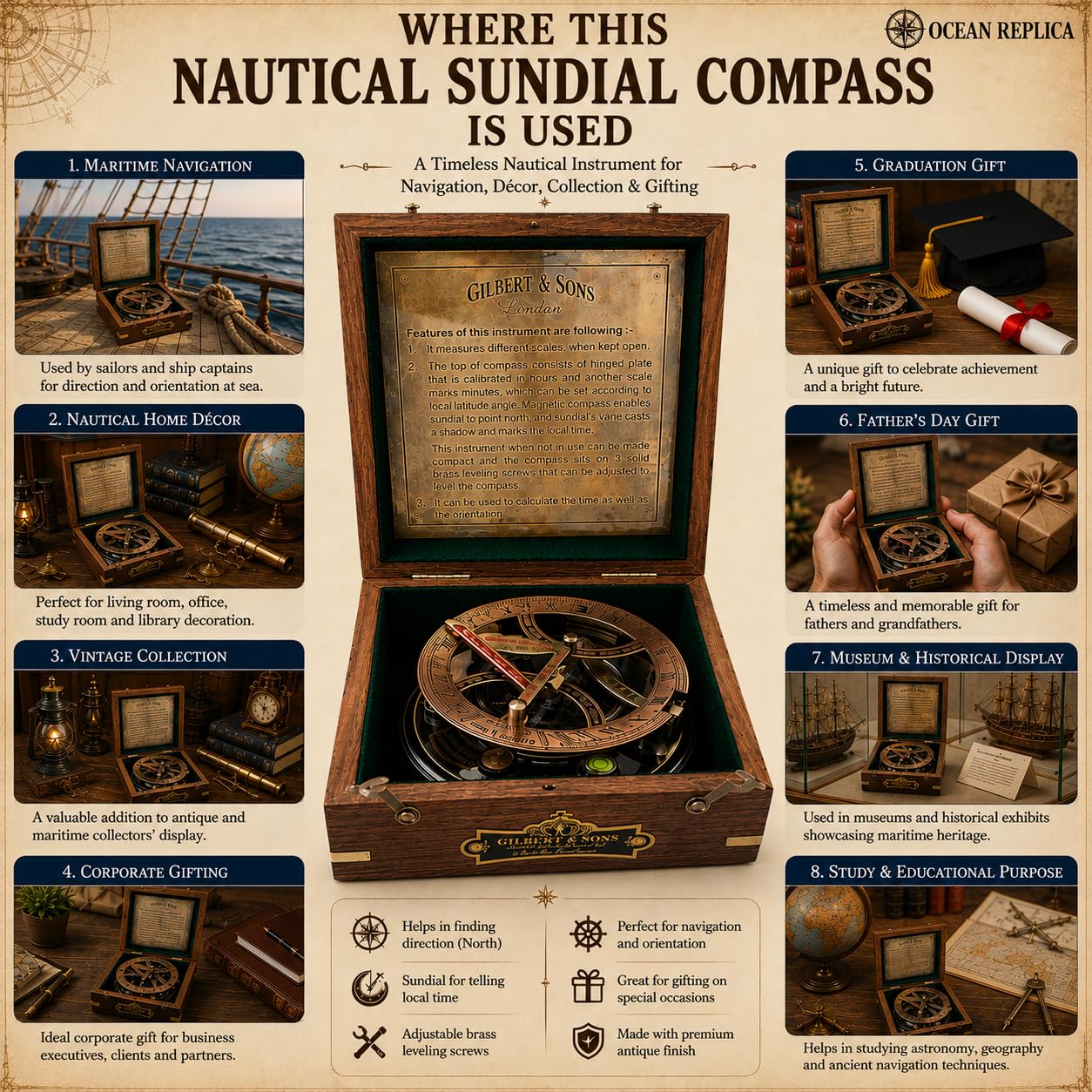 Antique Brass Sundial Compass with Rosewood Presentation Box view 4