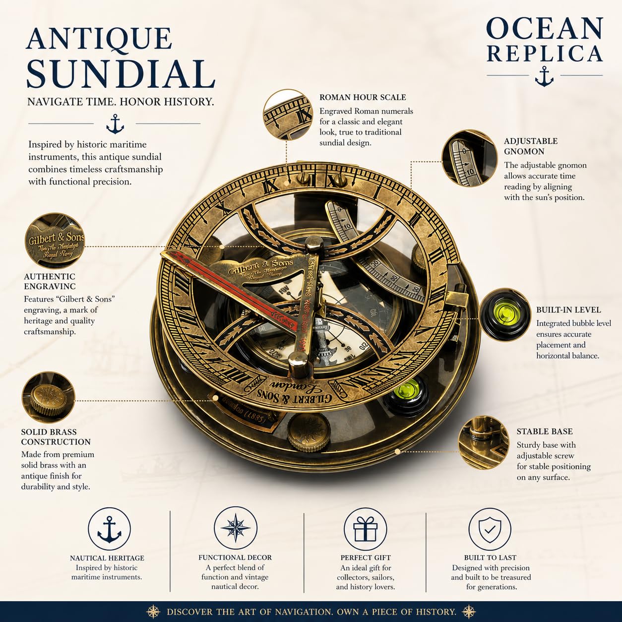 Antique Brass Sundial Compass with Rosewood Presentation Box view 6