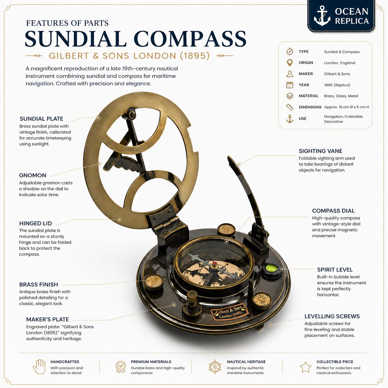 Antique Brass Sundial Compass with Rosewood Presentation Box view 8