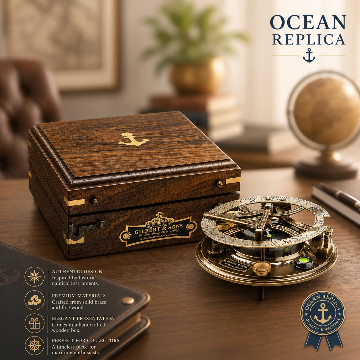 Antique Brass Sundial Compass with Rosewood Presentation Box view 12