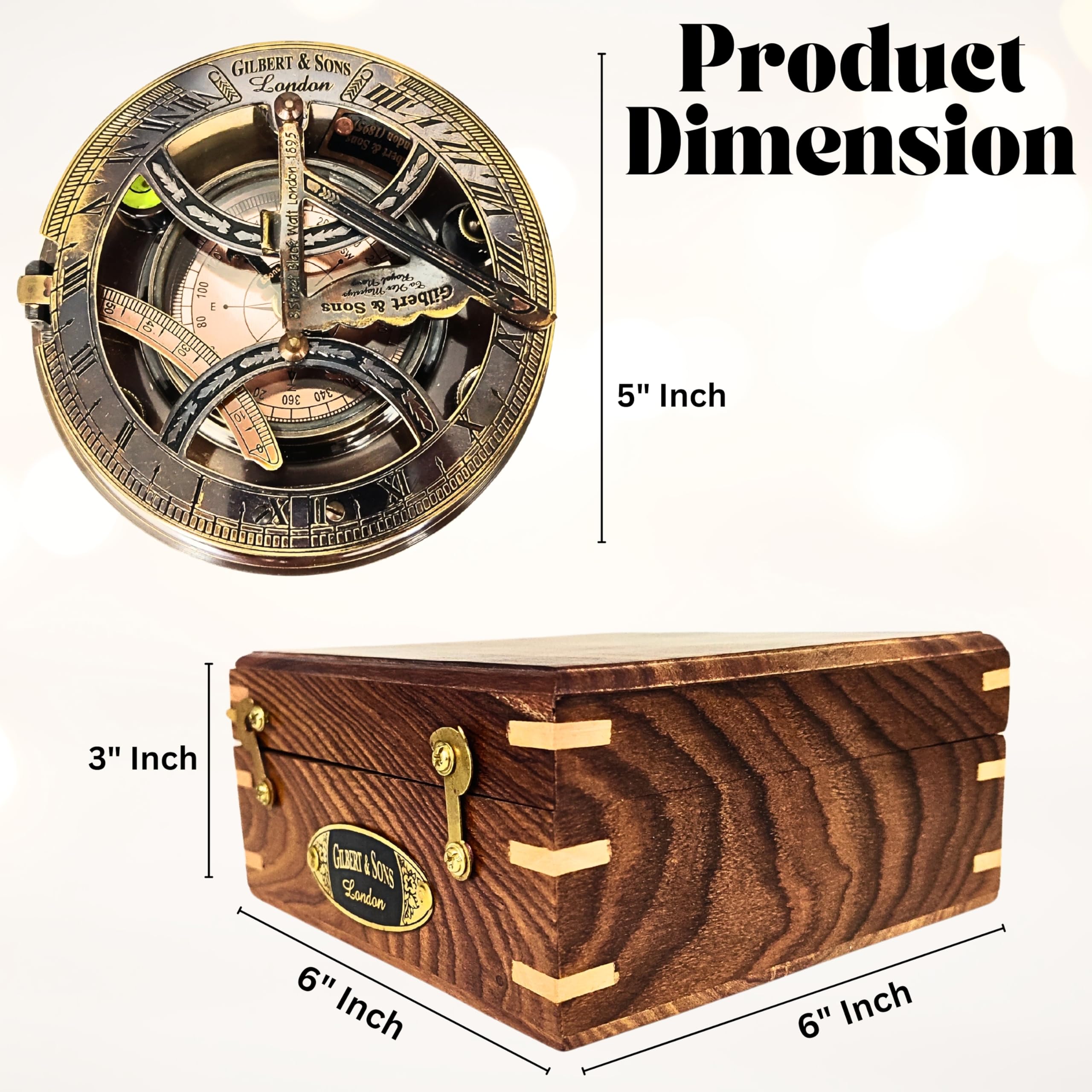 Black Antique Brass Sundial Compass with Rosewood Presentation Box view 3