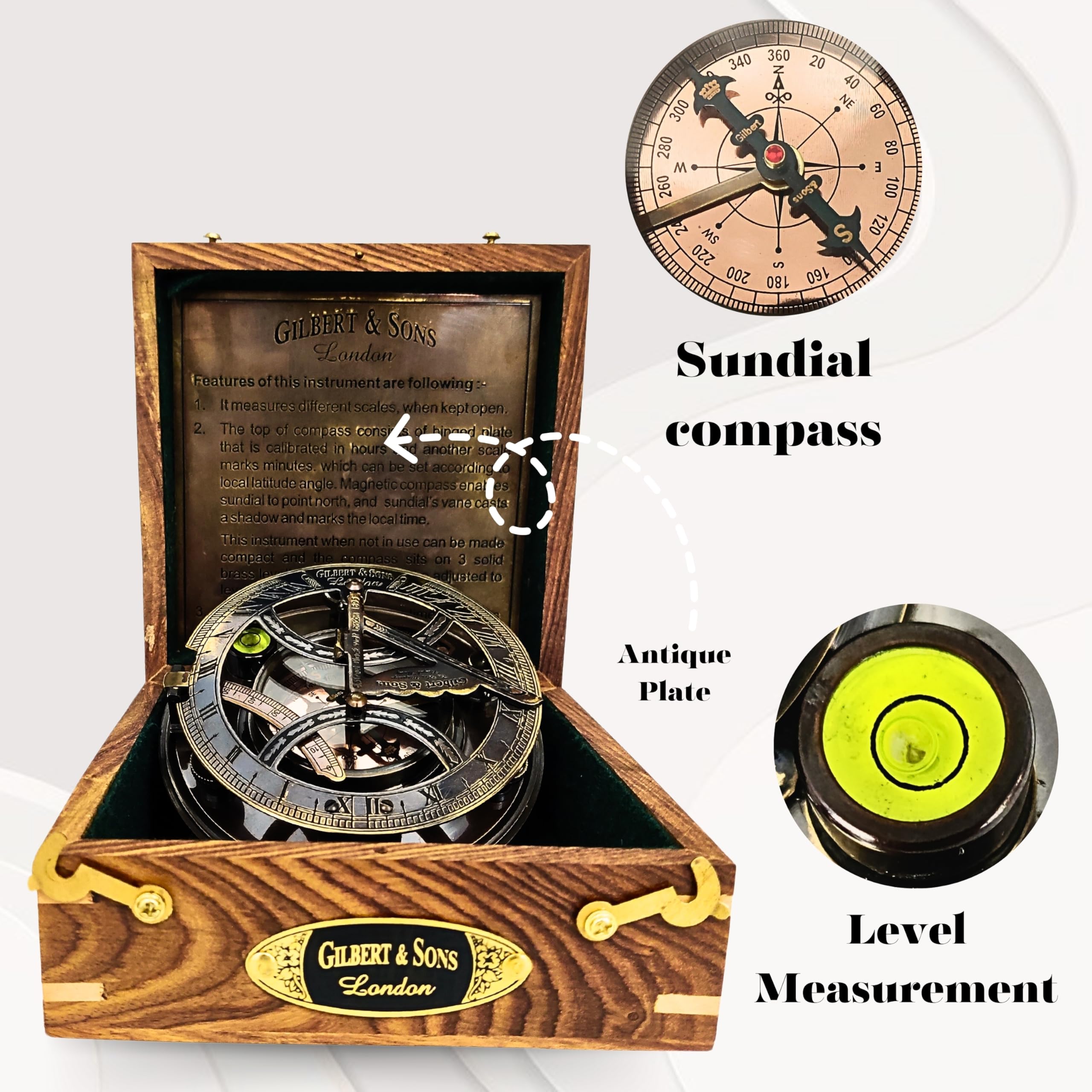 Black Antique Brass Sundial Compass with Rosewood Presentation Box view 7