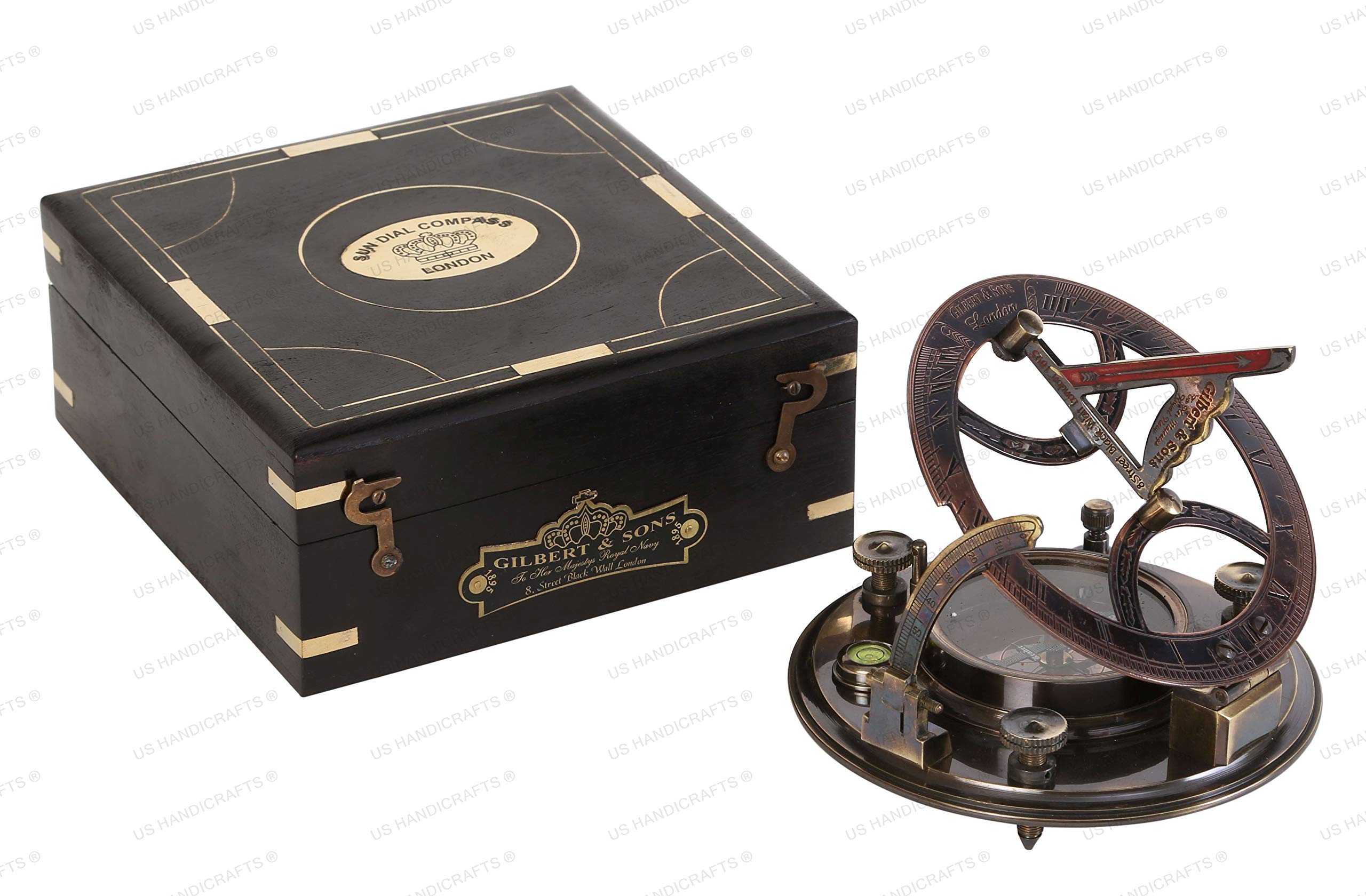 Black Antique Brass Sundial Compass with Black Wooden Presentation Box view 3
