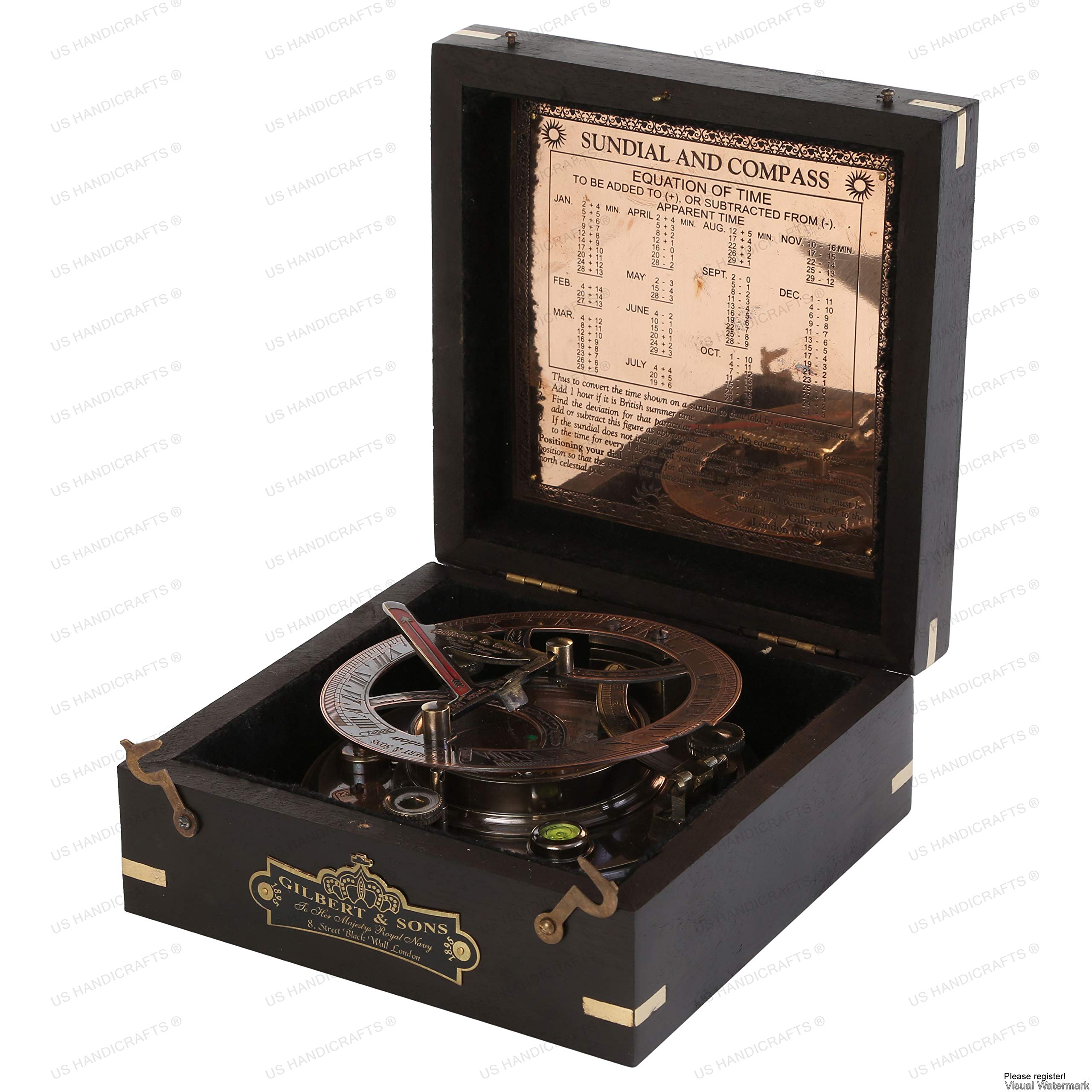 Black Antique Brass Sundial Compass with Black Wooden Presentation Box view 8