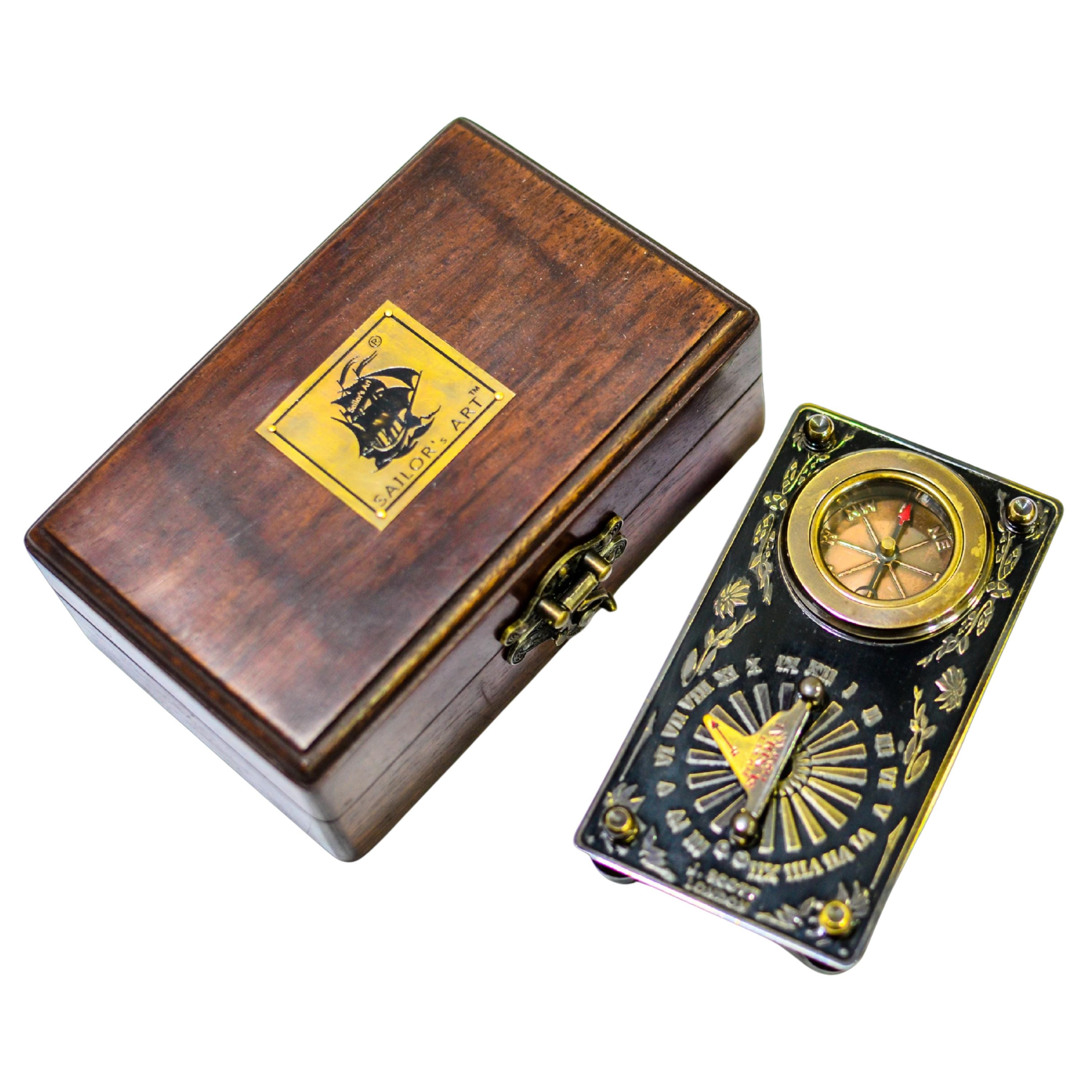 Antique Brass Sundial Compass with Rectangular Rosewood Presentation Box view 8