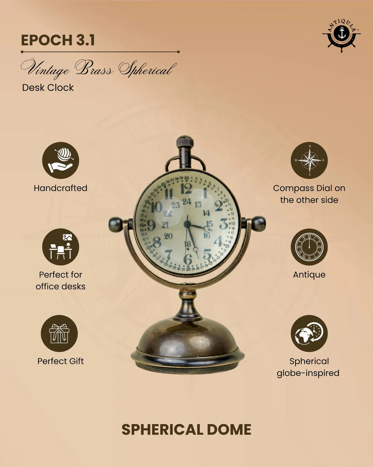 Spherical Brass Desk Clock with Compass Dial Back view 3