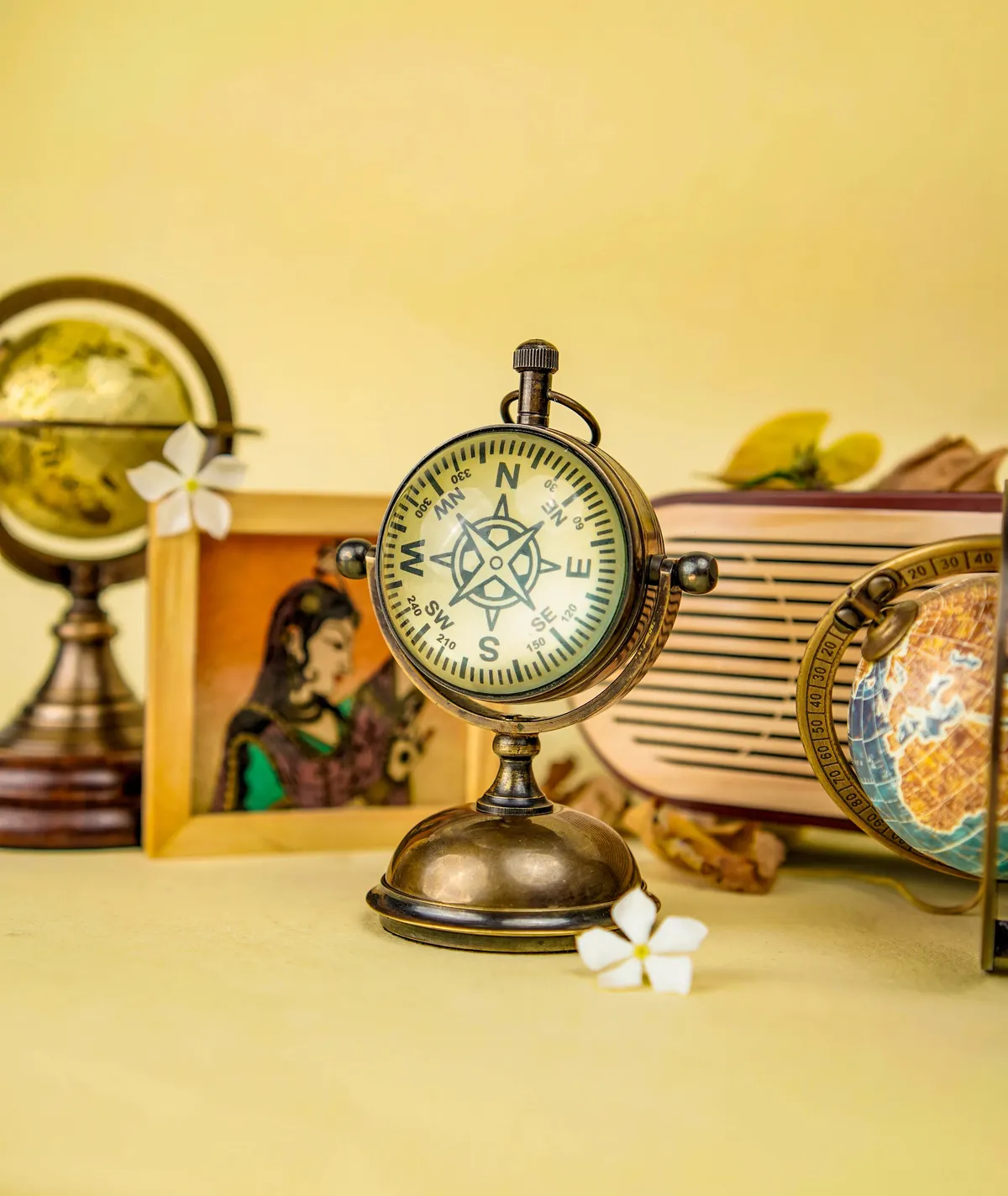 Spherical Brass Desk Clock with Compass Dial Back view 4