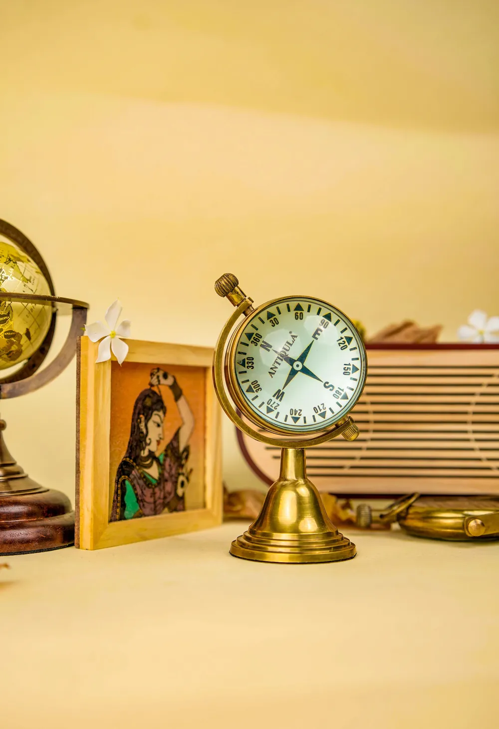 Rotating Brass Globe Desk Clock with Compass Dial Back view 4