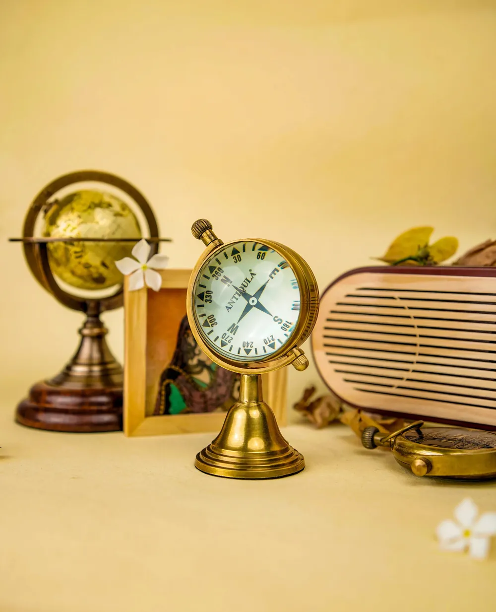 Rotating Brass Globe Desk Clock with Compass Dial Back view 5