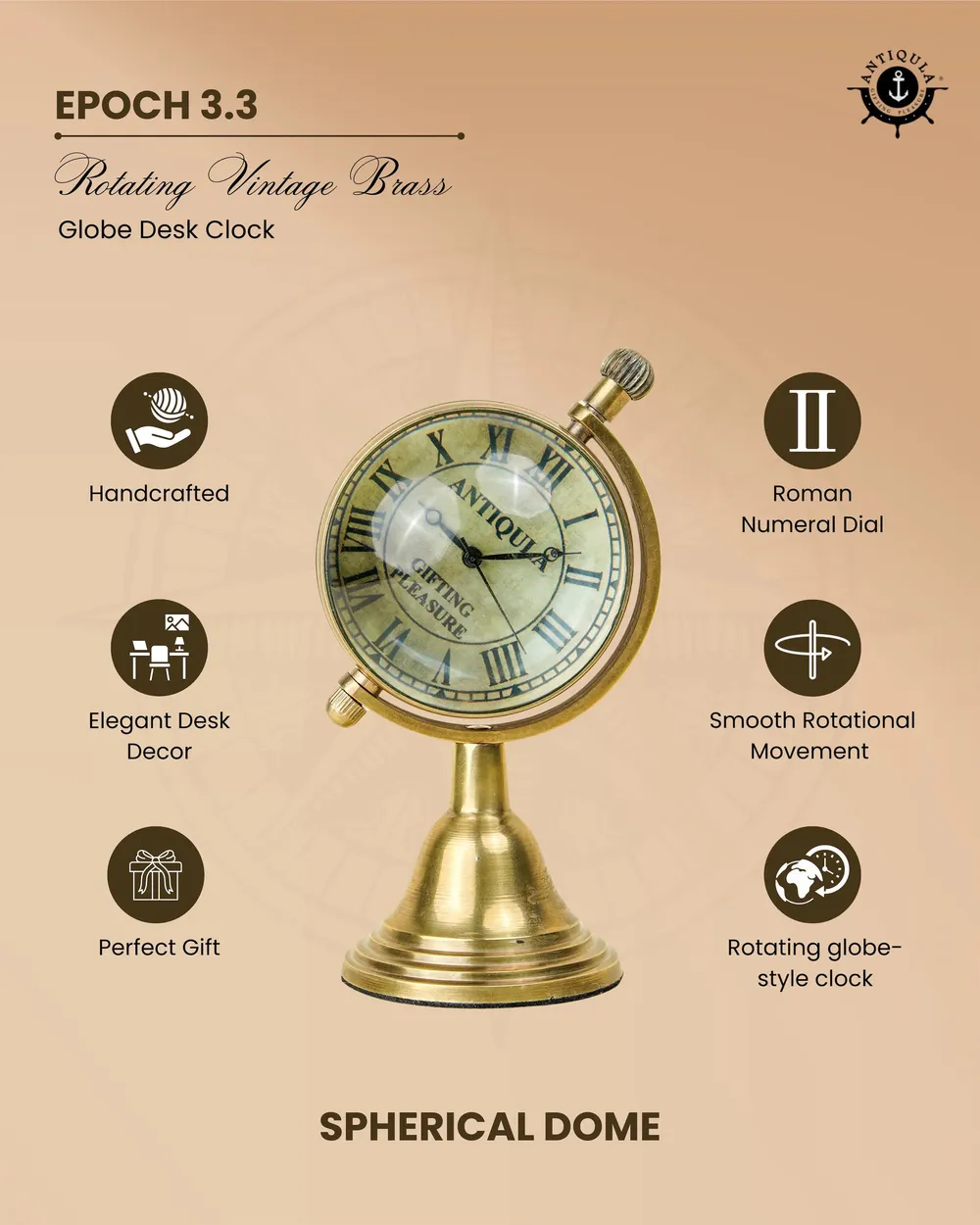 Rotating Brass Globe Desk Clock with Compass Dial Back view 7