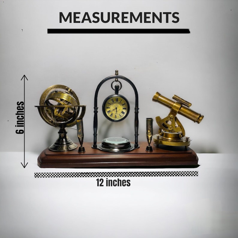 Brass Clock, Armillary Sphere and Alidade Desk Set view 2