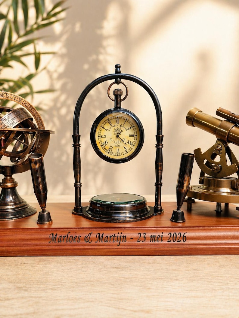 Brass Clock, Armillary Sphere and Alidade Desk Set view 4