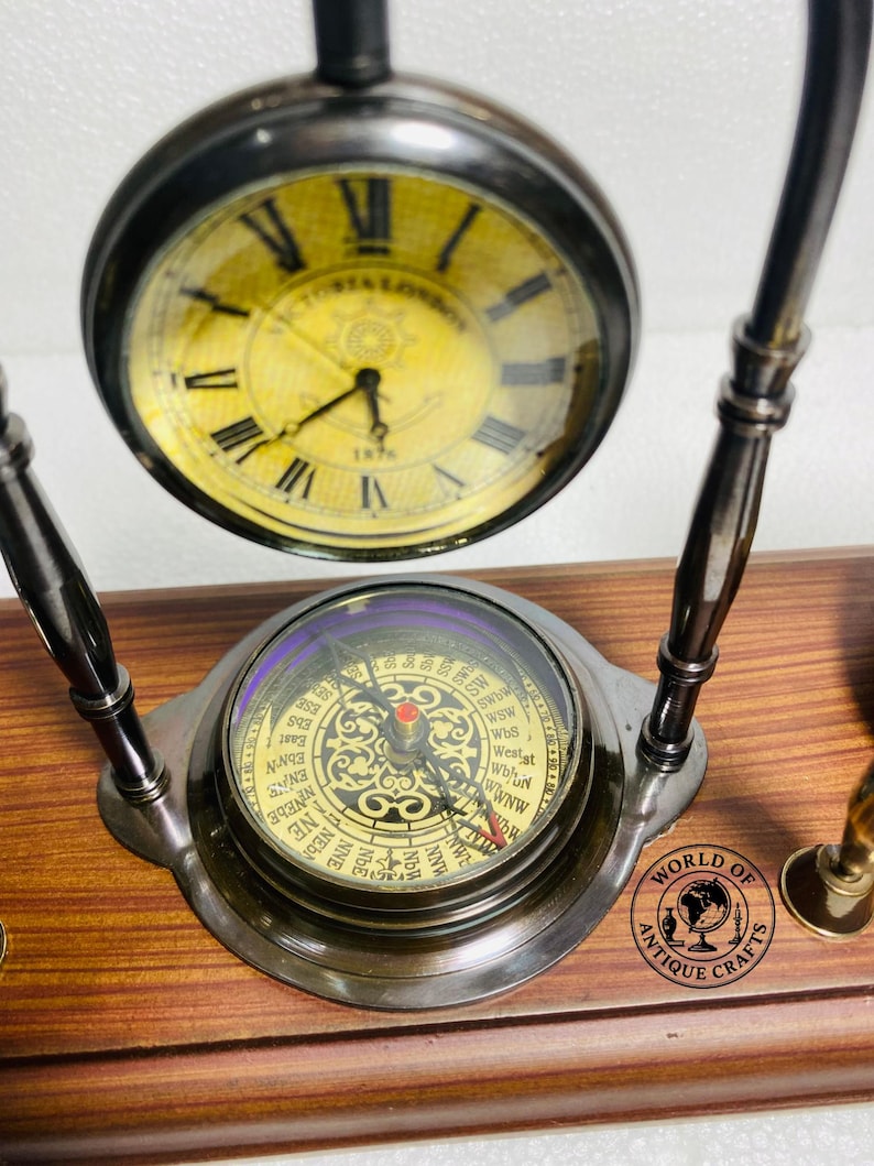Brass Clock, Armillary Sphere and Alidade Desk Set view 11
