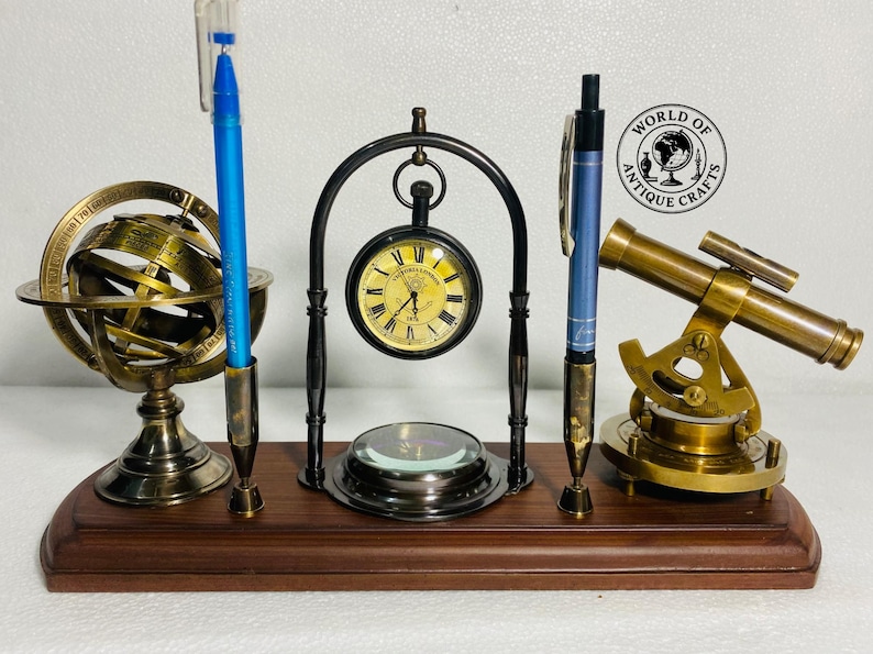Brass Clock, Armillary Sphere and Alidade Desk Set view 14