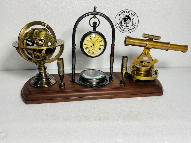 Brass Clock, Armillary Sphere and Alidade Desk Set view 15