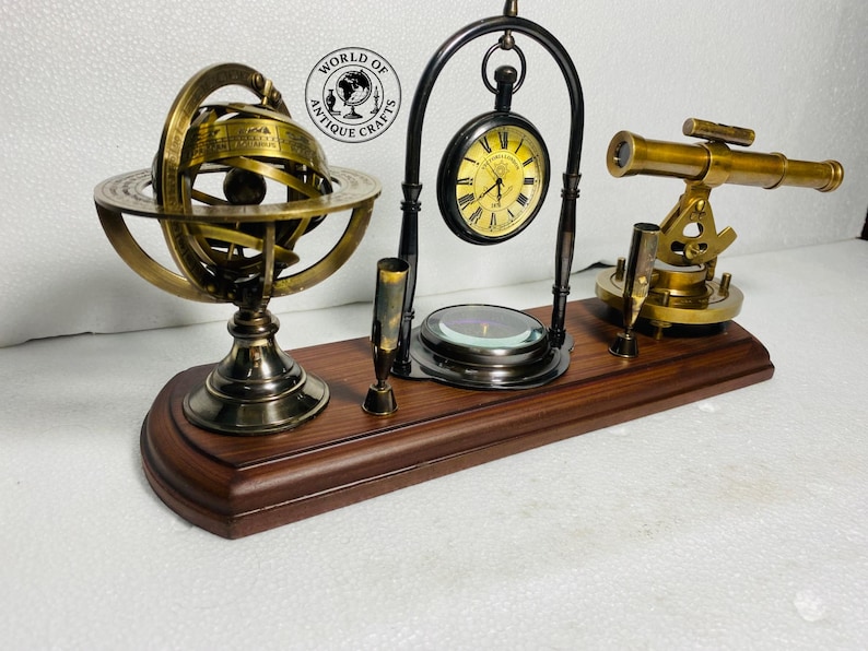 Brass Clock, Armillary Sphere and Alidade Desk Set view 19