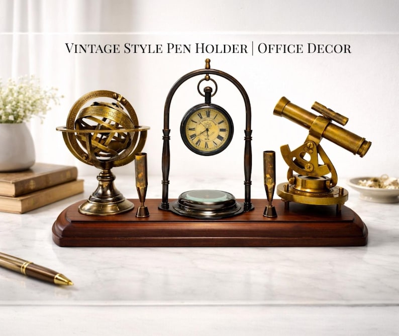 Brass Clock, Armillary Sphere and Alidade Desk Set view 20